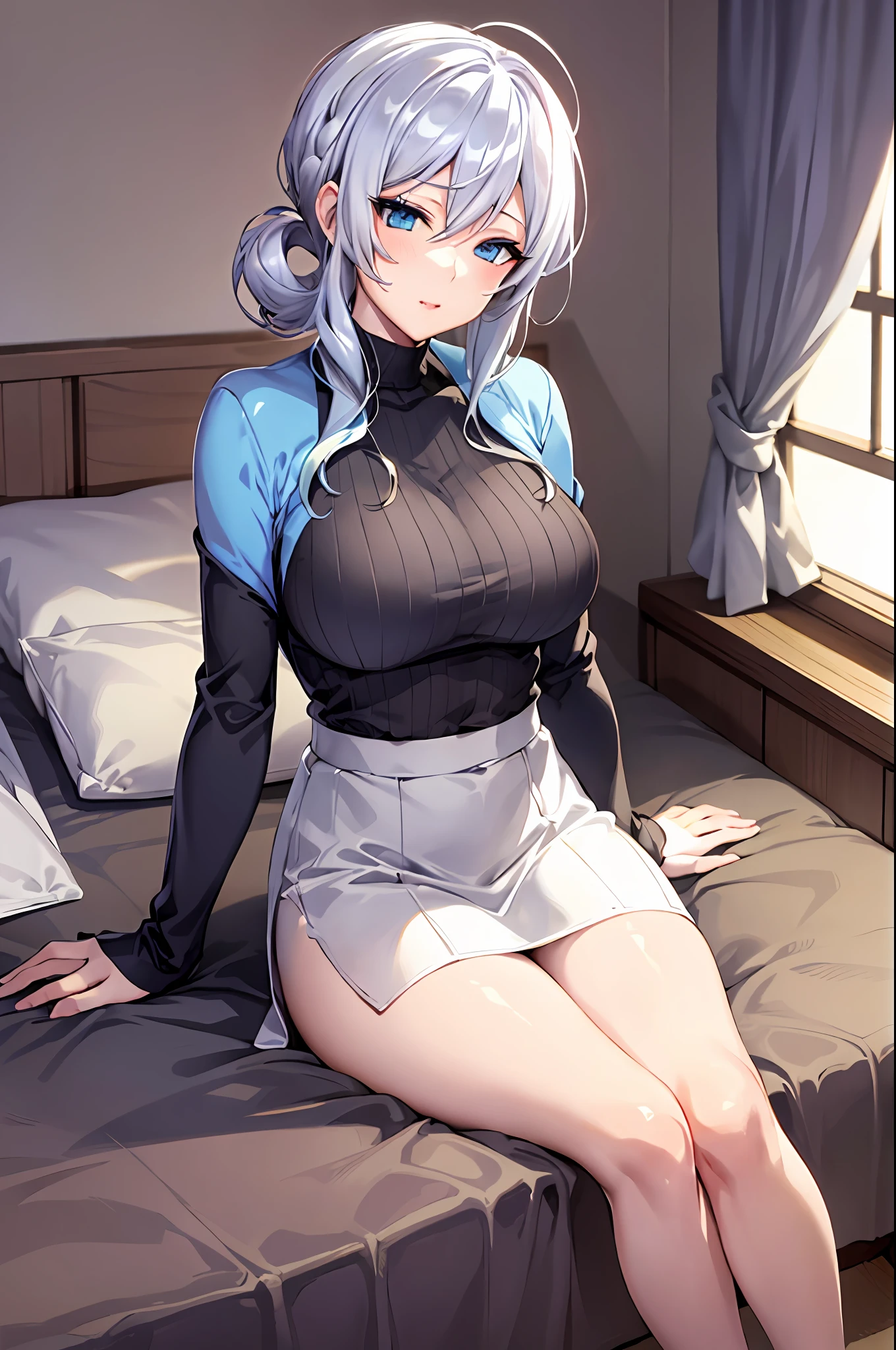 Yukino, sitting on a bed with her legs crossed, seductive anime girl, silver hair and blue eyes, attractive anime girl, cute anime girl, anime girl, sitting on her bed, (anime girl), anime best girl, sitting on a bed, sitting on the bed, an anime girl, pretty anime girl