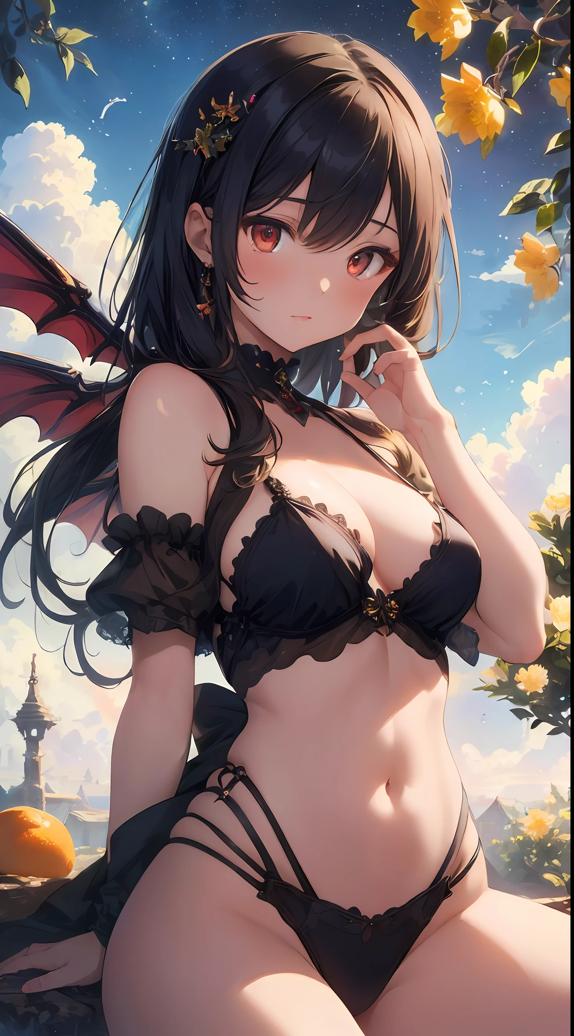 ((Best Quality)), ((Masterpiece)), (Details), Hyperreal, Best Illustration, Very Delicate and Beautiful, Very Elaborate, RAW Photos, Official Art, Beautifully Aesthetic, Seductive Succubus, Ethereal Beauty, Perched on an Orange Blossom Tree, (Fantasy Illustration: 1.3), Seductive Gaze, Seductive Pose, Solo Girl, , 13age, Beautiful Girl, Petite Girl, Loli Big, Delicate wings, otherworldly charm, mysterious sky, (Luis Royo:1.2), (Yoshitaka Amano:1.1), moonlit night, soft colors, (detailed cloud view:1.3), (high resolution: 1.2) (flying dragon), miracle moment, fantastic visual depiction, professional effects