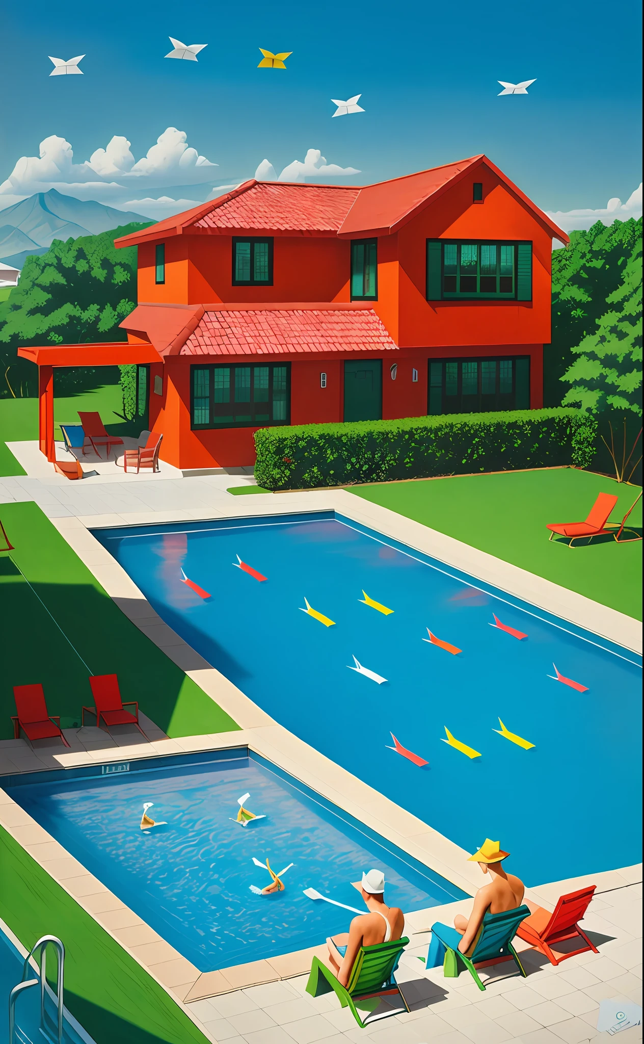 painting of a pool with origami people swimming in it and a house in the background, by Stevan Dohanos, happy colors. rob gonsalves, inspired by John Philip Falter, inspired by David Inshaw, inspired by Robert Ballagh, inspired by Archibald Motley, by David Inshaw, inspired by Stevan Dohanos