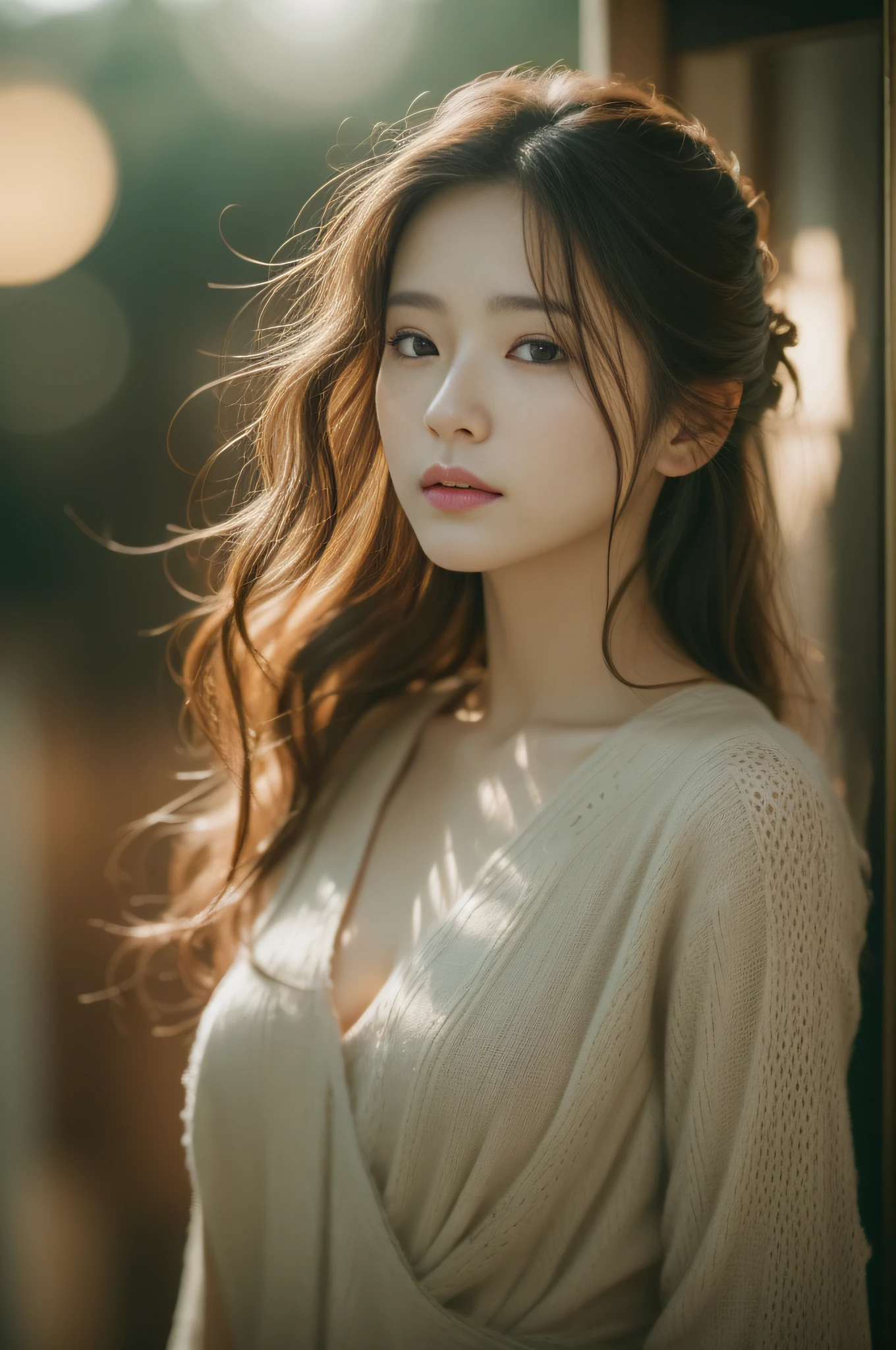 Korean Actress, 1girls, bare shoulder, Long hair wavy shoulders, calm, tranquil, (Eyes with realistic details, Natural textures, Realistic face details), Breathtaking light, soft., deep depth of field, bokeh, vibrant details, exquisitely detailed, hyperrealistic