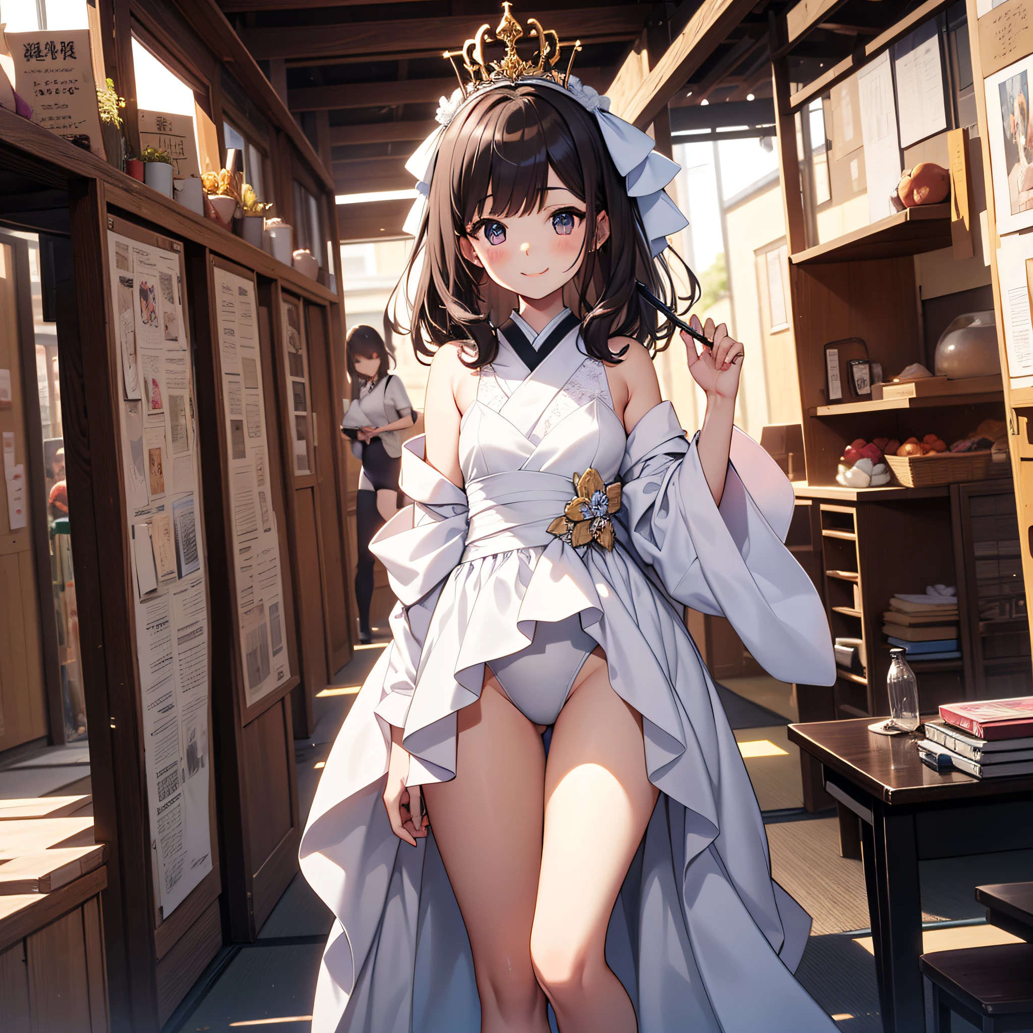 top-quality、extremely delicate and beautiful、Soio、8-year-old 、Chiquita、japanes、elementary student、A dark-haired、(white leotard)、dress room、Tiara on the head、A smile、is standing