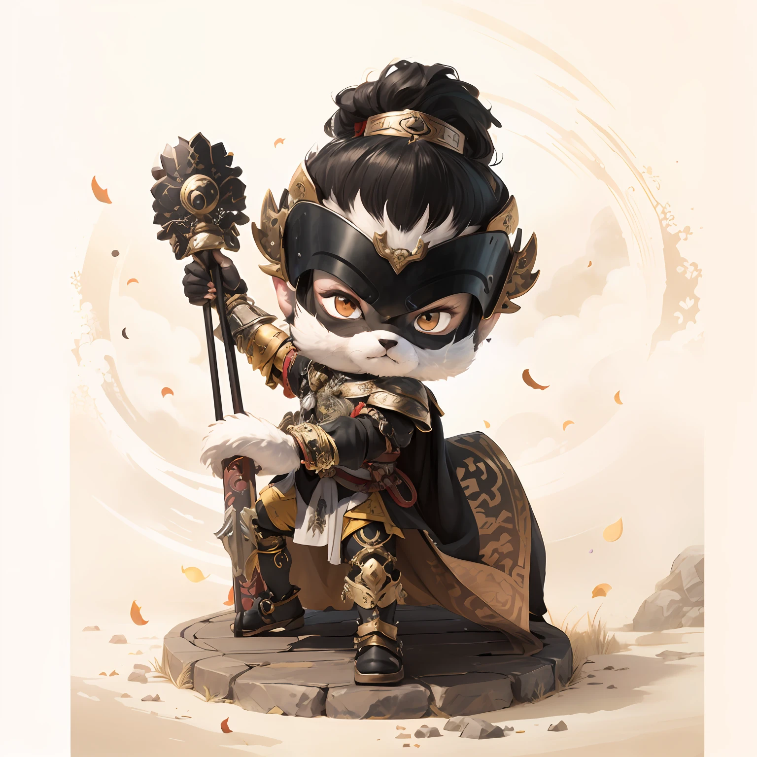 male people,Male characters,tchibi,Bad,Armed mace,Mace weapons,Ancient Chinese weapons,The handle has a delicate pattern,Shoulder blades,metal breastplate,chainmail,Animal pattern cuirass,chest plate,Bracers,Flowing hem,China-style,Chinese-style clothing,Chinese shoes,There are beautiful patterns on the weapon grips,ultra-realistic realism,anaglyph,stereograms,Fine painting,Refinement,infinite details,high definition detail,Patterned,Pattern,Blank background,Bright colors,Metal edging