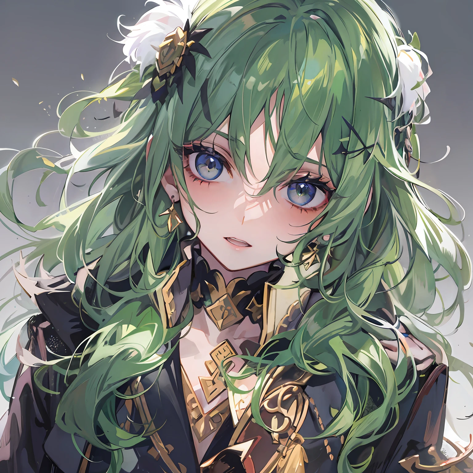 tmasterpiece，Best quality at best，Smoky eyes，Green hair，greene eyes，coat large