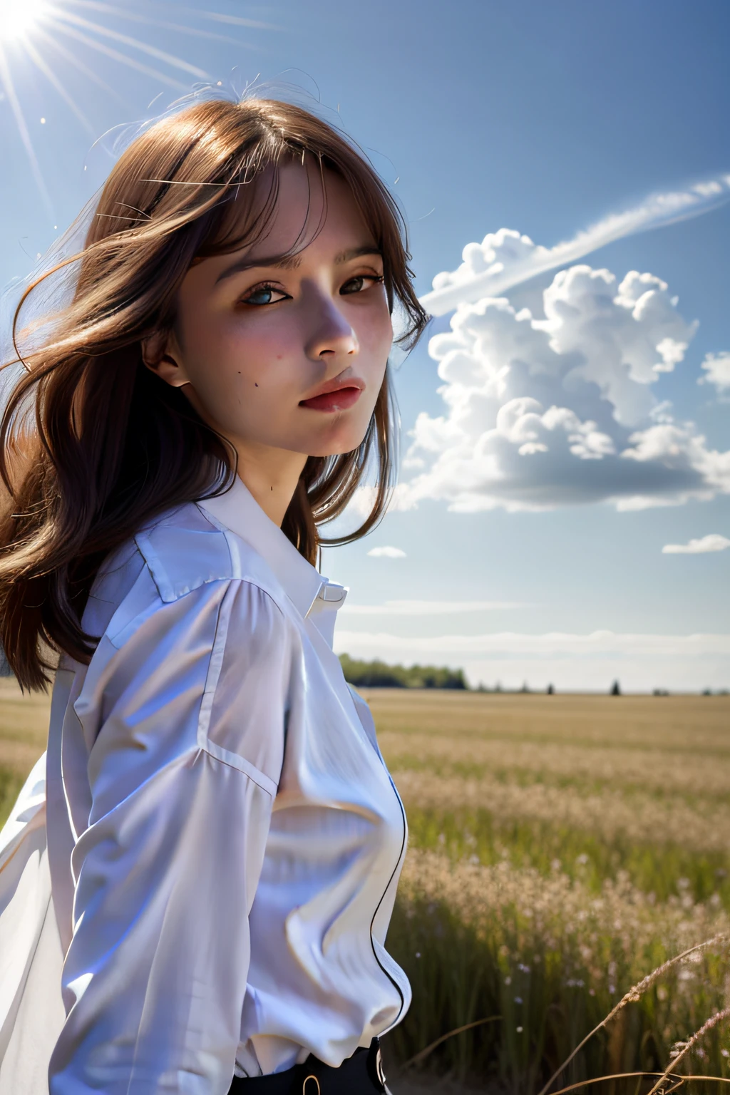 Alafid woman in a white shirt standing in the field,Beautiful Russian women,Russian artist, close - up portrait shot, Naran, Girl with long hair