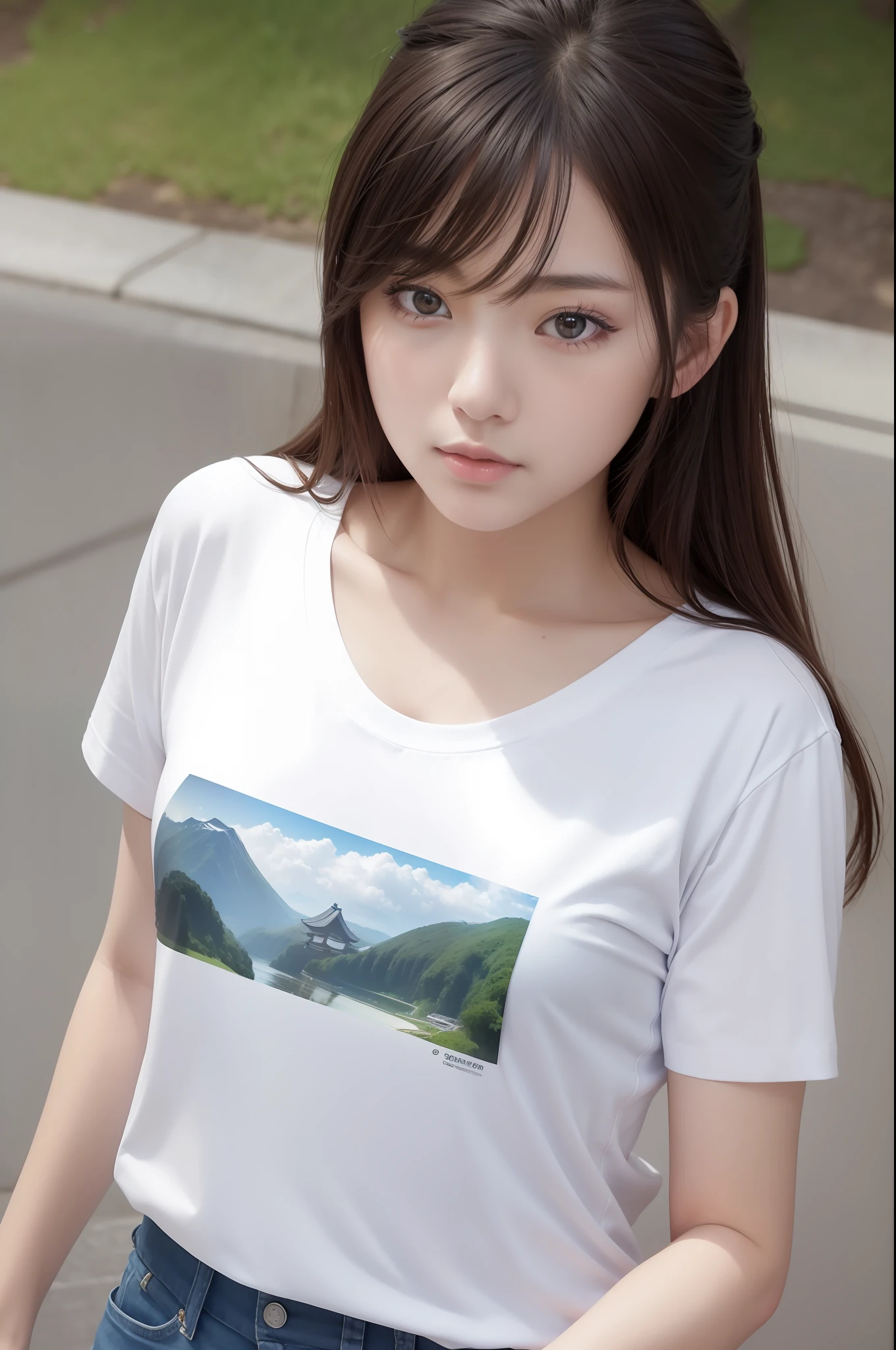 8K, best quality, (masterpiece), (photorealistic), (realistic), (ultra high definition), ray tracung, (front view), (angle from above), 1 girl, japanese female, high definition cute face, high definition closed mouth, high definition eyes, above waist, white T-shirt