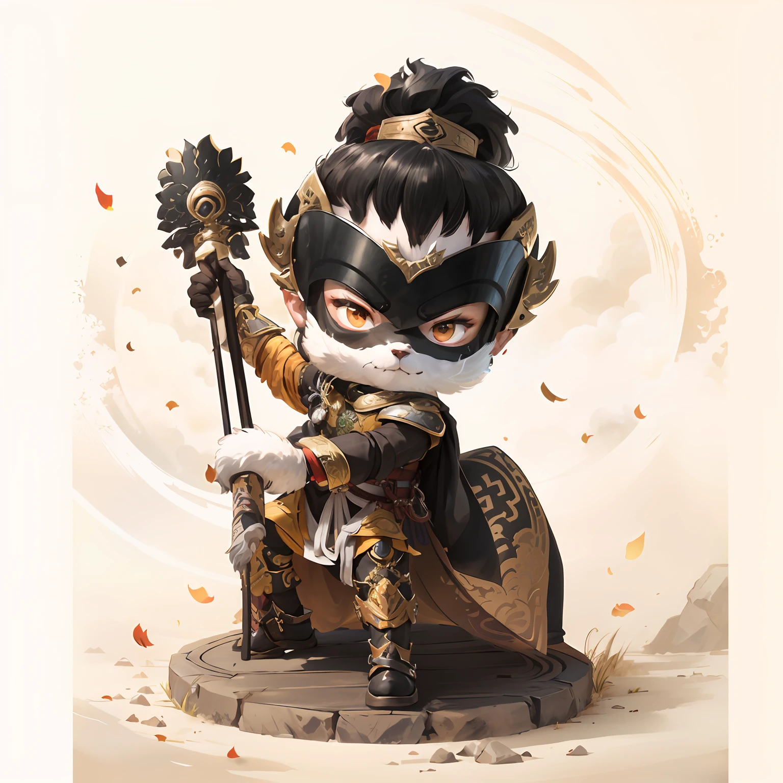 male people,Male characters,tchibi,Bad,Armed mace,Mace weapons,Ancient Chinese weapons,The handle has a delicate pattern,Shoulder blades,metal breastplate,chainmail,Animal pattern cuirass,chest plate,Bracers,Flowing hem,China-style,Chinese-style clothing,Chinese shoes,There are beautiful patterns on the weapon grips,ultra-realistic realism,anaglyph,stereograms,Fine painting,Refinement,infinite details,high definition detail,Patterned,Pattern,Blank background,Bright colors,Metal edging
