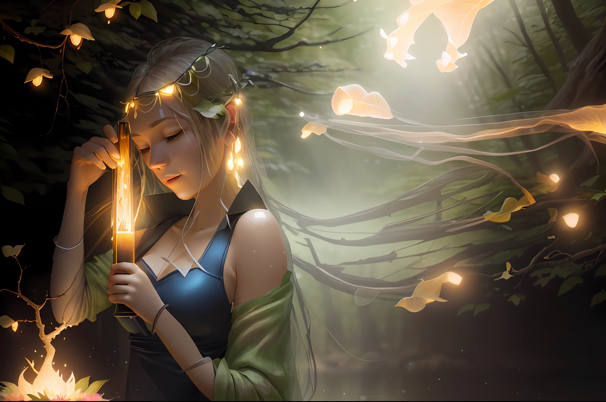 Masterpiece, best quality, (very detailed CG unity 8k wallpaper), (best quality), (best illustration), (best shadows), glow sprite, with a glowing deer, in the swimming pool Drinking water, natural elements in the forest theme. Mysterious forest, beautiful forest, nature, surrounded by flowers, delicate leaves and branches surrounded by fireflies (natural elements), (jungle theme), (leaves), (twigs), (fireflies), (particle effects) etc. 3D , Octane rendering, ray tracing, super detailed
