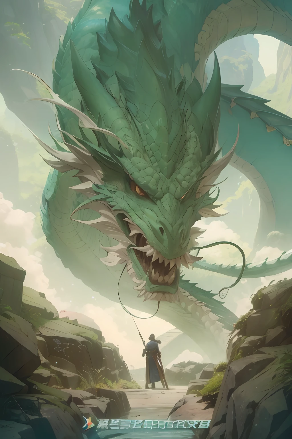 Close-up of a man standing on a path near a dragon, krenz cushart and wenjun lin, cyan chinese dragon fantasy, Chinese fantasy, by Yang J, ross tran and michael whelan, ross tran and bayard wu, by Bayard Wu, Martin Ansin, author:Jeremy Chang, drak, A beautiful artwork illustration,tmasterpiece,best qualtiy,ultra - detailed,illustratio,Colorful,Falt color,depth of fields,lens flare glow,1girll,anime big breast,Clear lines,Delicate scales,a sense of atmosphere