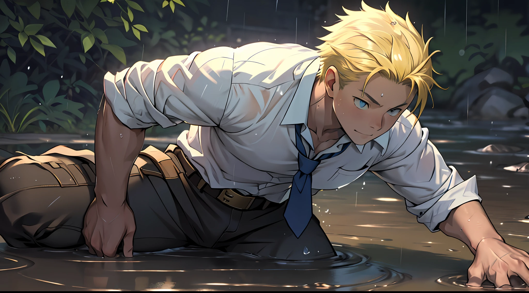(1 Adult male),A high resolution, Sharp focus, Pixiv masterpiece, ((Complicated details)), highly detailed, natsuki_subaru, 1 man,Lying in the mud, Lazy,full bodyesbian, blue color eyes(eyes glowing), Short yellow hair,white shirt,Wear a tie,Wear a belt,perspire,rain,Drenched,Sweaty crotch,look from down