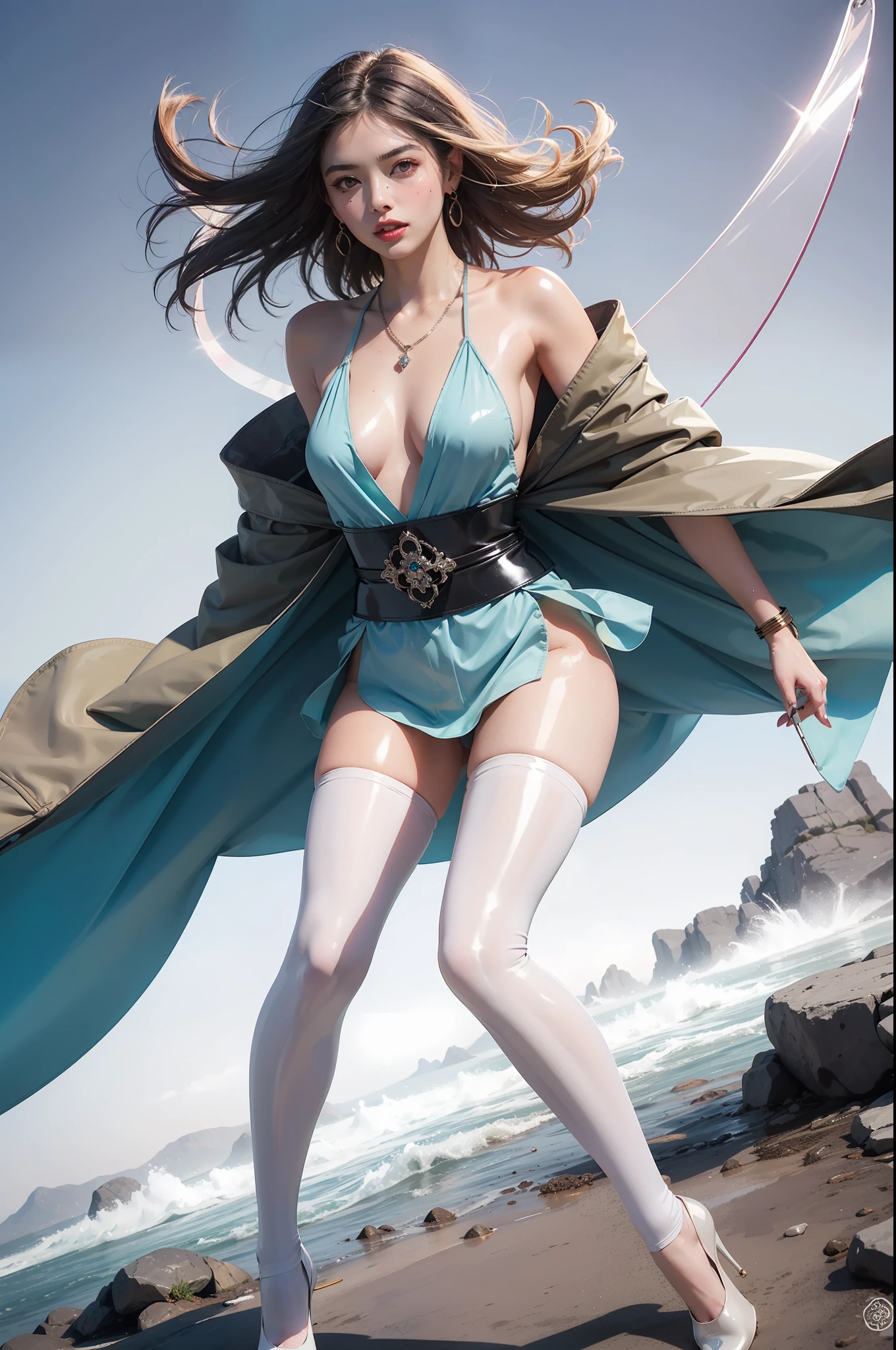 (Full body shot:1.3), (1girll:1.2), ??????? correct, Must show your face, Dance on top of a mountain, The breath of nature, Uniform high heels must be worn,Over-the-knee stockings, (gloss on the skin:2), (gloss on the skin:2), (In pink|amarelo|blue colors|green color|red colour|white colors|black in color|purpleish color|greys|Beige|Skin color), Japan kimono, Many jewelry, A shallow laugh, ??????? correct, Complex and diverse backgrounds, hyper HD, Ray traching, reflective light, structurally correct, Award-Awarded, high detal, lightand shade contrast, Face lighting, cinmatic lighting, tmasterpiece, super detailing, high high quality, high detal, best qualityer, Reflectors, 16k