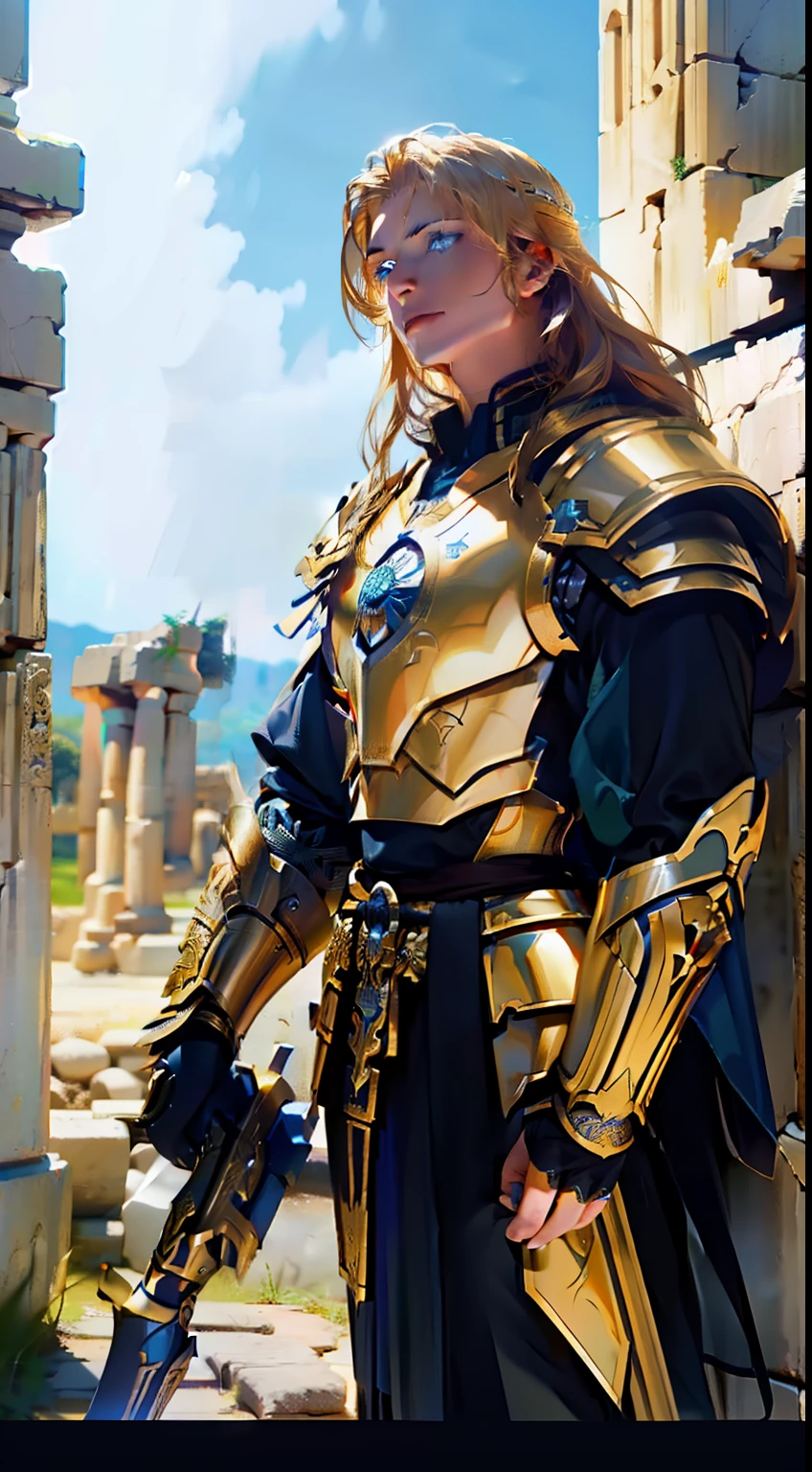 "A divine warrior with flowing golden hair and piercing blue eyes, clad in intricate armor, confidently holding a mighty hammer, standing amidst the ruins of ancient Greece, photorealistic, 8k, perfect image.