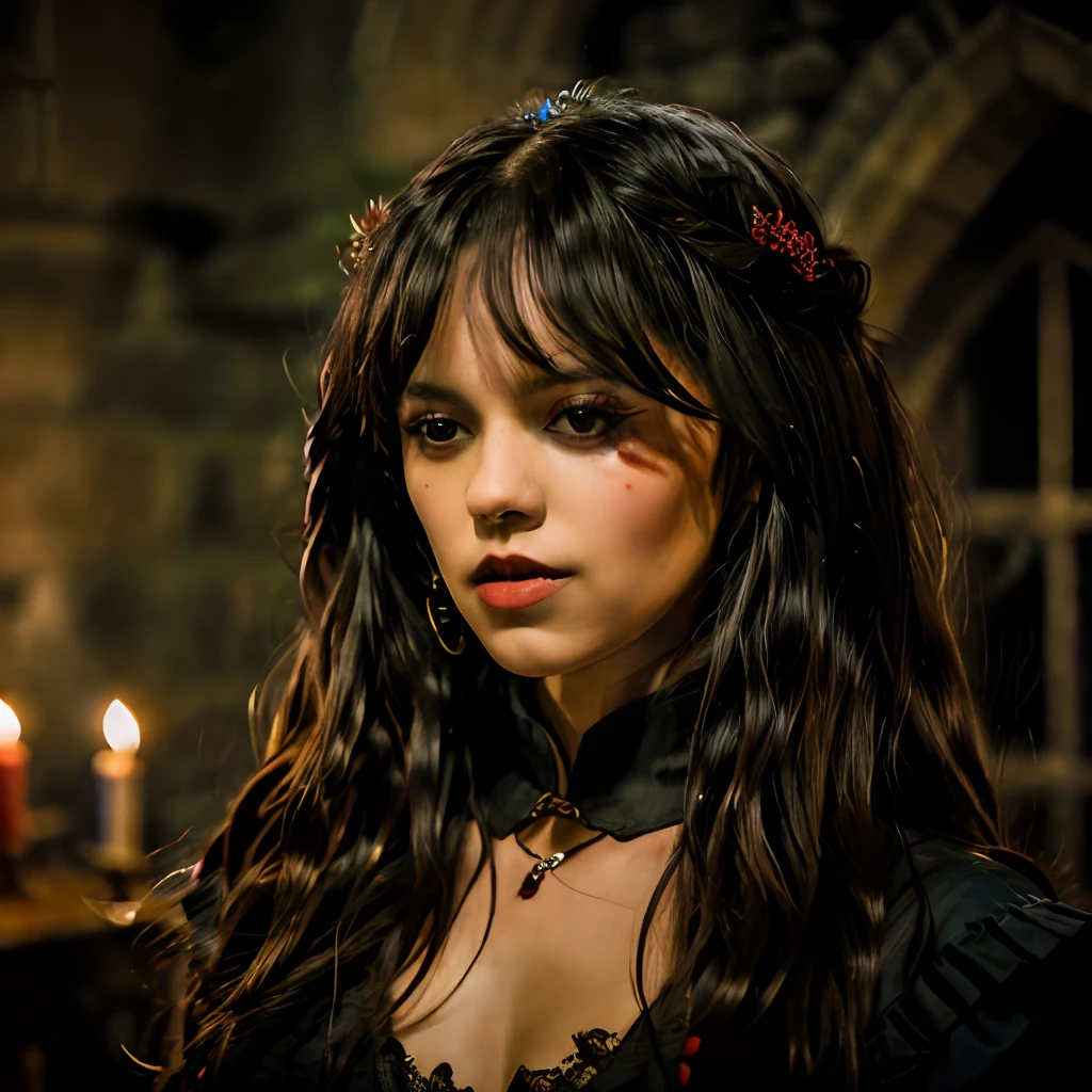 RAW photo, a portrait photo of JennaO woman, one of Dracula's vampire brides, nighttime, inside Castle Dracula at night, midnight light, (high detailed skin:1.2), 8k uhd, dslr, soft lighting, high quality, film grain, Fujifilm XT3