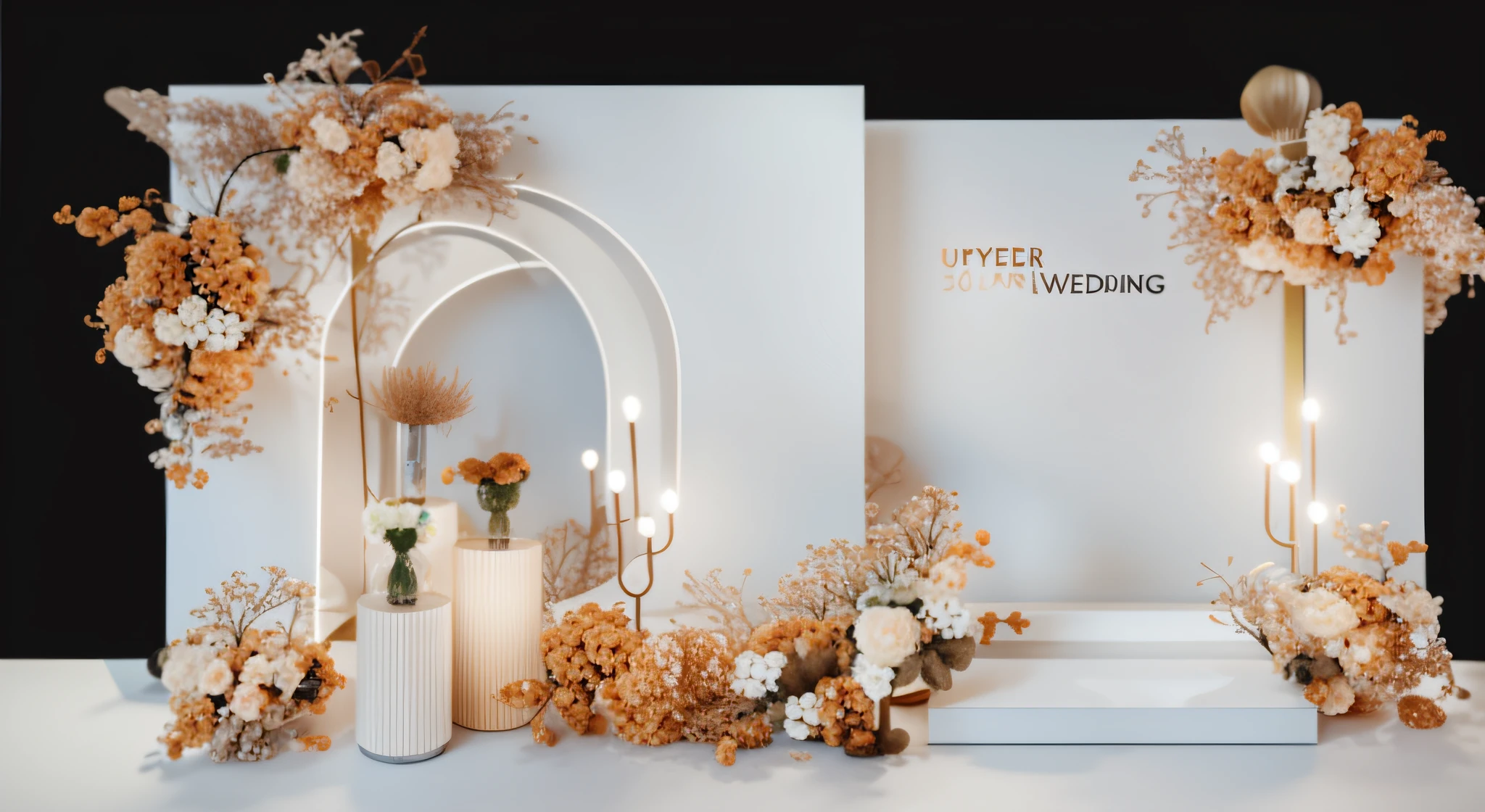 8K quality，Ultra-clear，Golden，opulent，lamp lights，Wedding renderings，Interior design，3Drenderingof，8K分辨率，hyper HD，Road lead flowers，Dragon Ball lights，florals，small flower，Floral