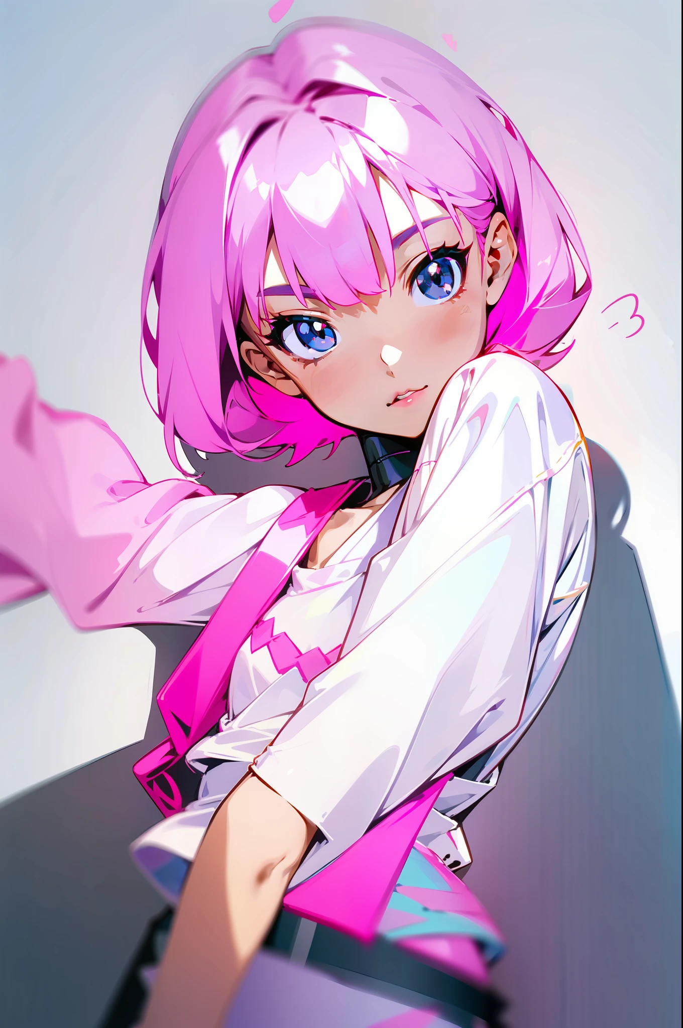 a cute little girl,pink lips,wearing a bright white shirt,in the style of soft color palette aurorapunk,an anime illustration of her face,animated gifs,hand-drawn animation,charming sketches,smooth and shiny,hazy romanticism,superflat style,white background--ar 1:1--niji 5--style expressive --s 50