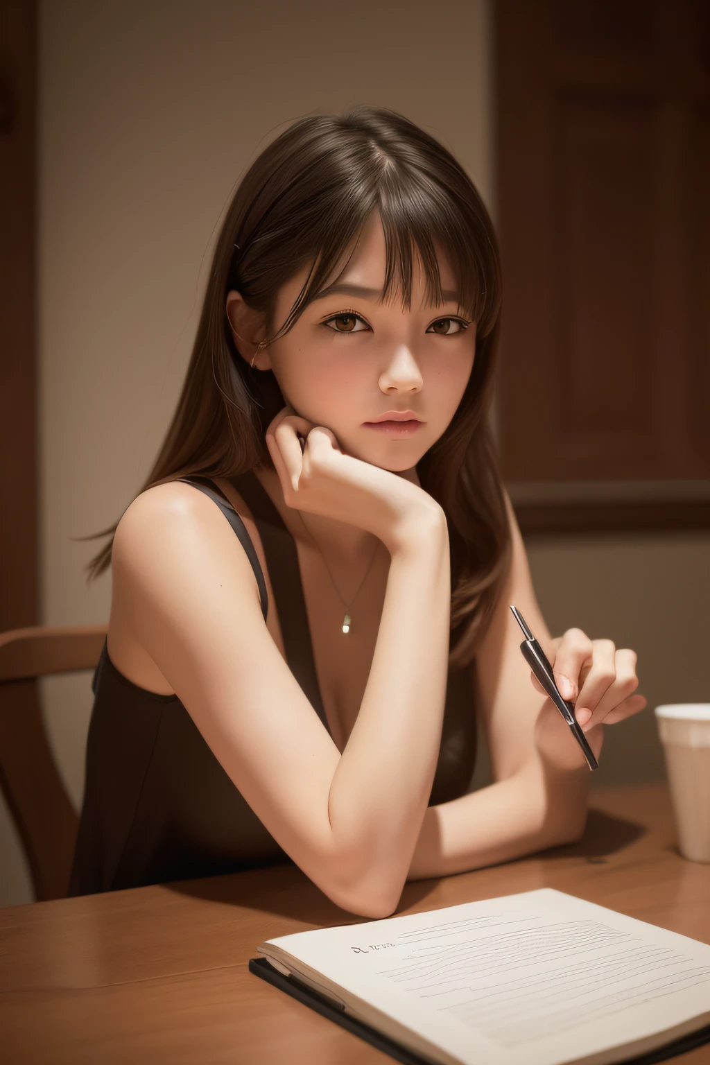 1girl, (masterpiece:1.2,), best quality, high_quality, ultra high res, (photo realistic:1.4), 4k, 8k, RAW photo, Cinematic, cinematic lighting, 35mm lens, accent lighting, (intricate_details), (ultra-detailed), (distinct_image), Hold the pen close to your face