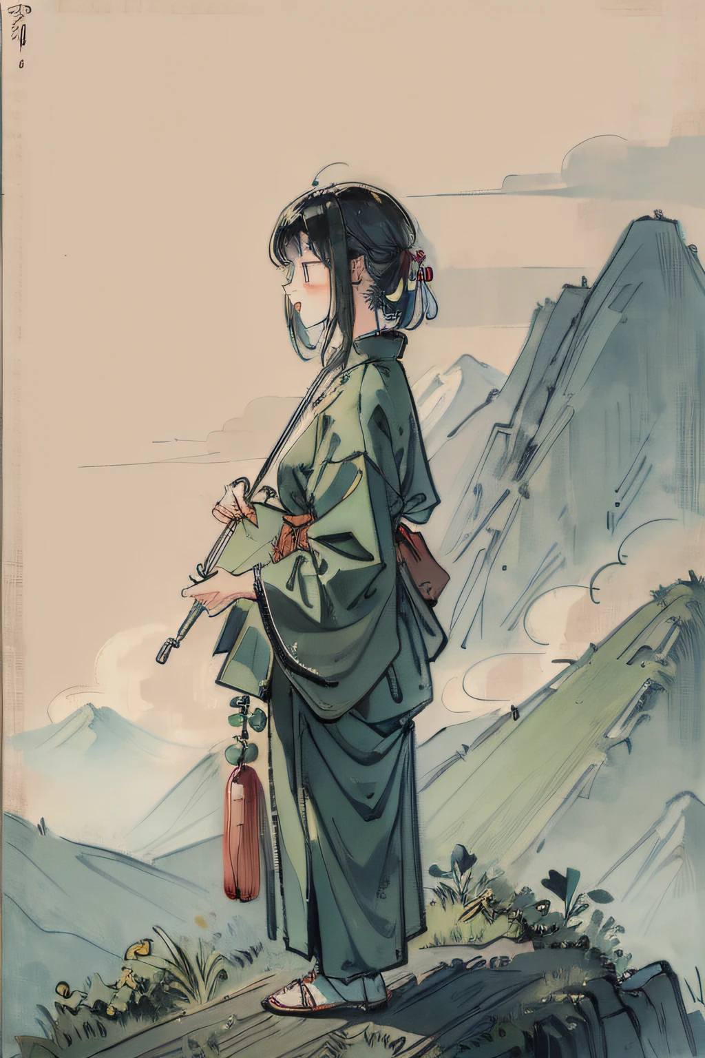 (tmasterpiece,best qualtiy:1.2),Tradition Chinese Ink Painting,Green mountains,The composition is minimalist,(one-girl),Laugh while standing