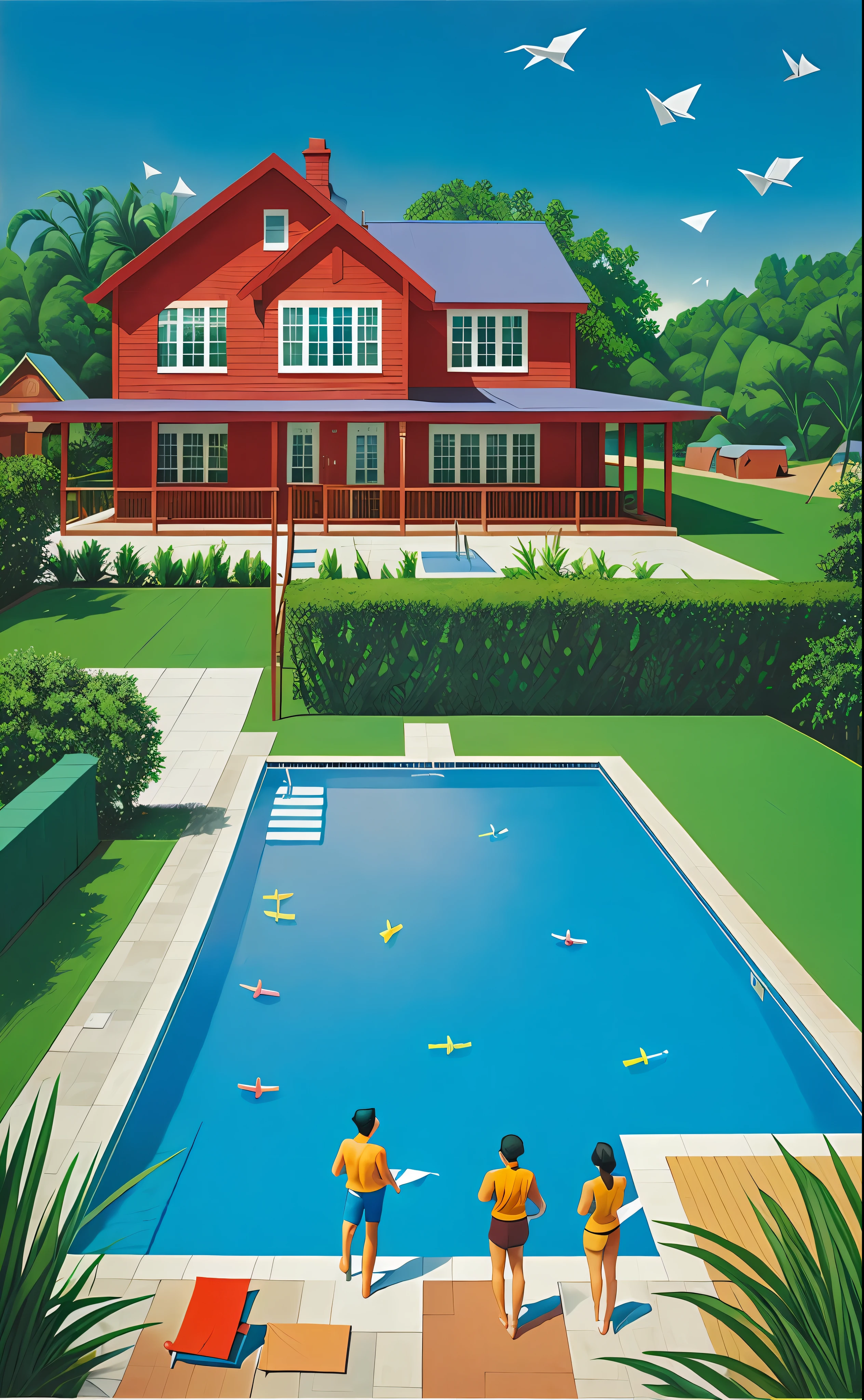 painting of a pool with origami people swimming in it and a house in the background, by Stevan Dohanos, happy colors. rob gonsalves, inspired by John Philip Falter, inspired by David Inshaw, inspired by Robert Ballagh, inspired by Archibald Motley, by David Inshaw, inspired by Stevan Dohanos