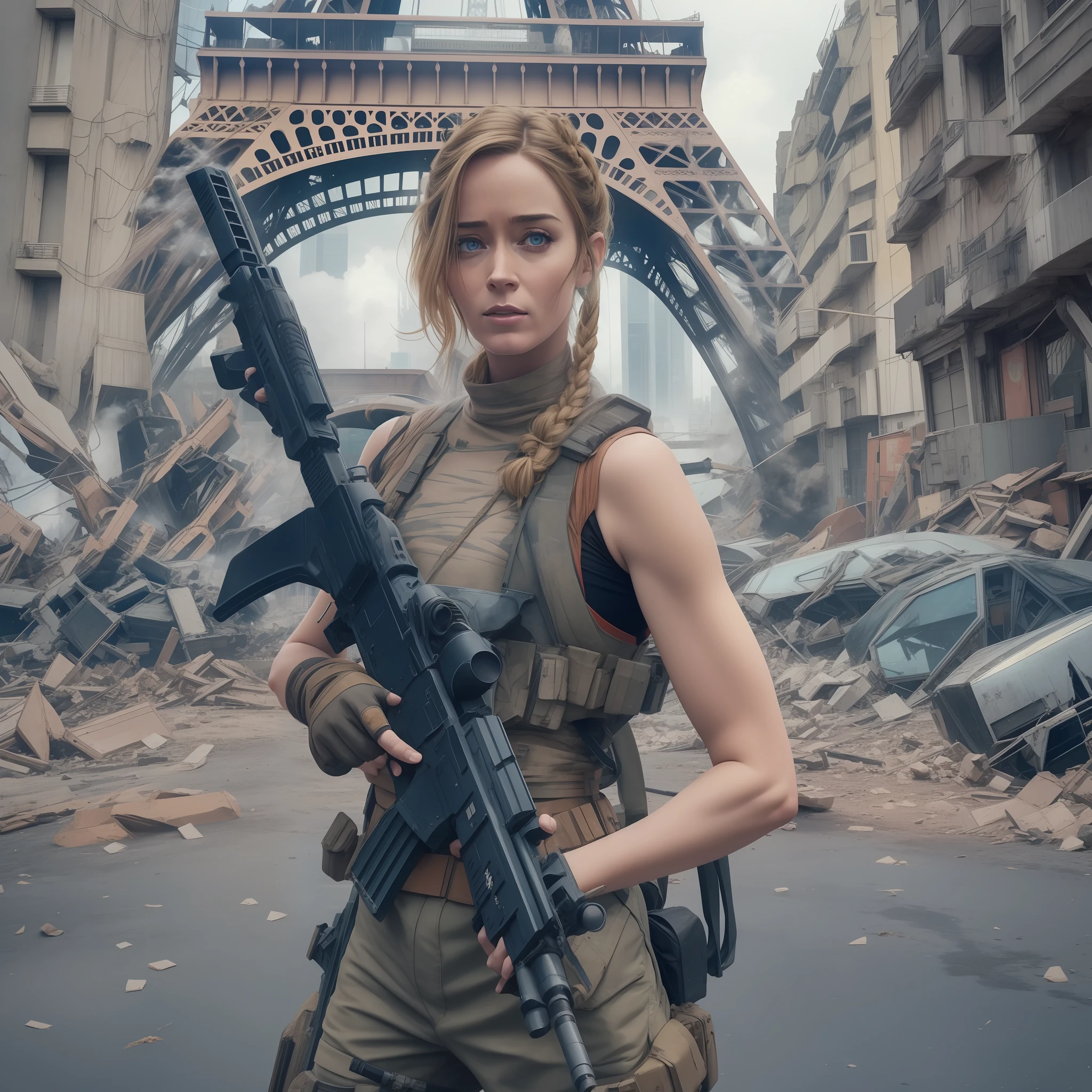 Emily Blunt, 25 anos, (Dutch braided hair) in Evangelion armor behind a barricade, carrying a laser assault rifle in his hands, dinamic poses, olhar serio, Combates intensos, foto de corpo inteiro, Cyberpunk, mega tokyo, Fires and smoke, Nokia camera, modelshoot, corpo atletico, Post-apocalyptic Paris, Eiffel Tower destroyed, dia