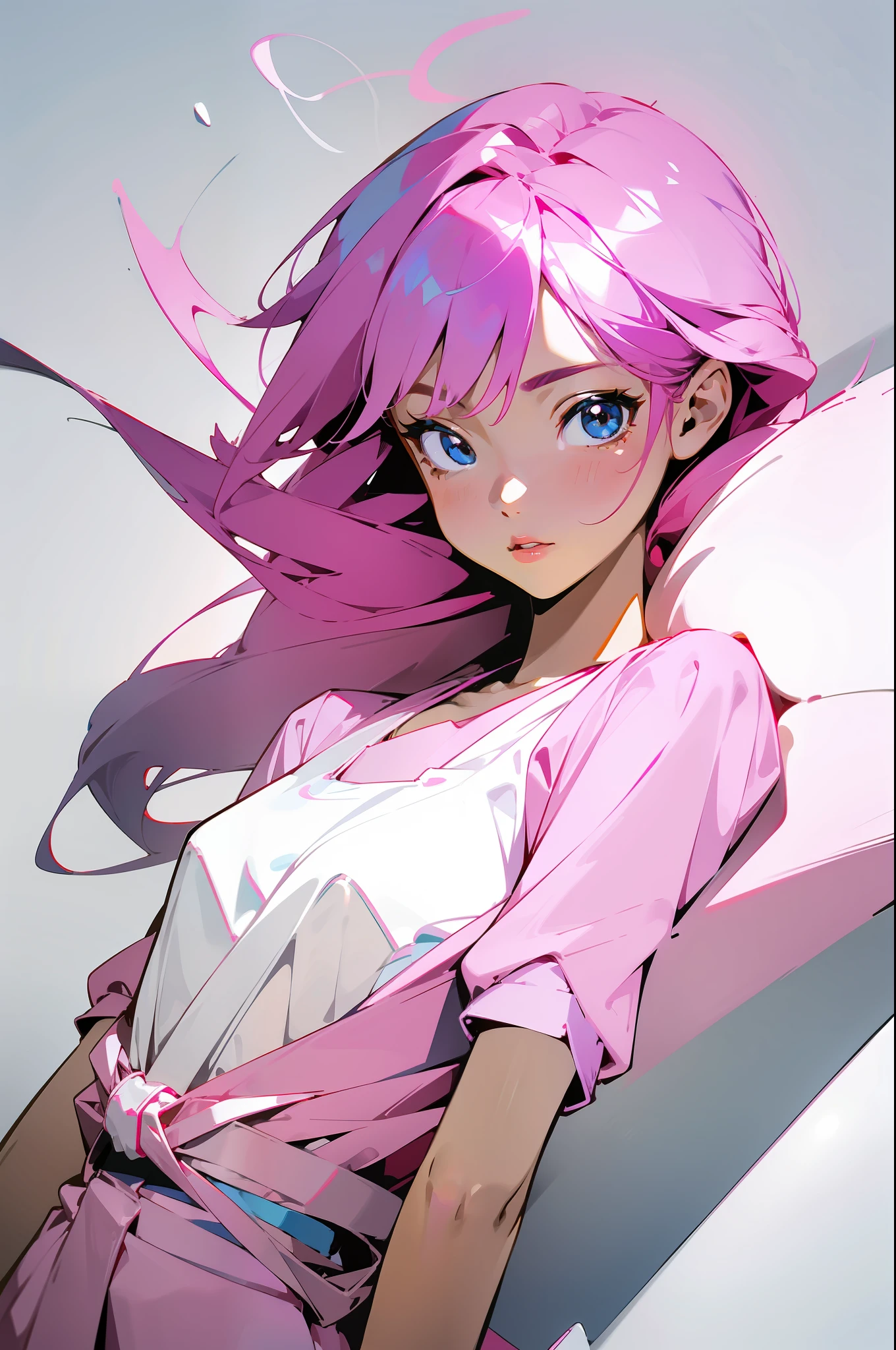 a cute little girl,pink lips,wearing a bright white shirt,in the style of soft color palette aurorapunk,an anime illustration of her face,animated gifs,hand-drawn animation,charming sketches,smooth and shiny,hazy romanticism,superflat style,white background--ar 1:1--niji 5--style expressive --s 50