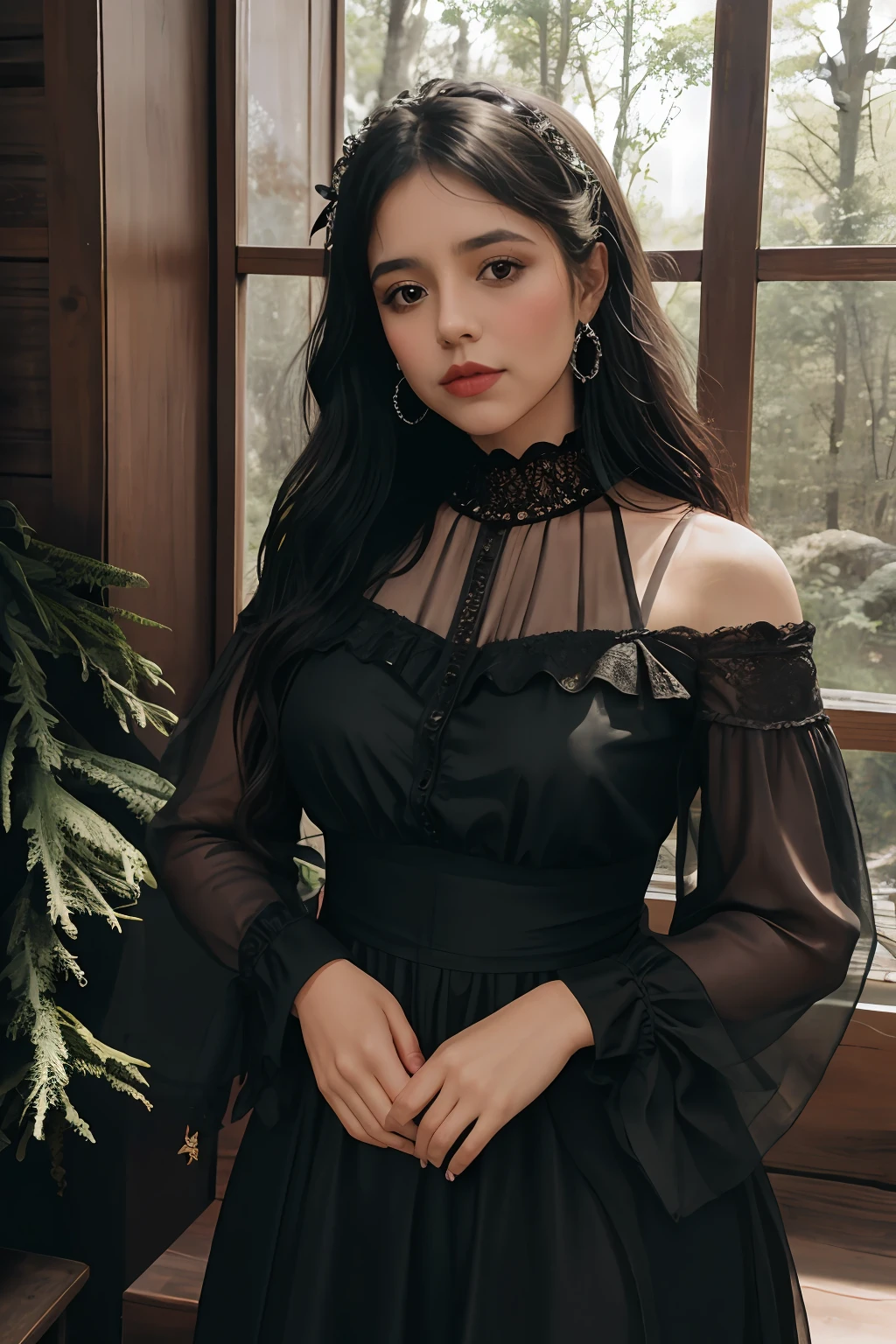 Mujer muy joven, mujer bailando, imagen con muchas sombras, Gothic Room, gothic ambient, rostro d serio, vestido negro, vestido viejo, Foto RAW, a portrait photo of 55 y.o hombre, Ropa de viajero, de pie en el bosque, piel natural, 8k UHD, alta calidad, Film grain, Fujifilm XT3