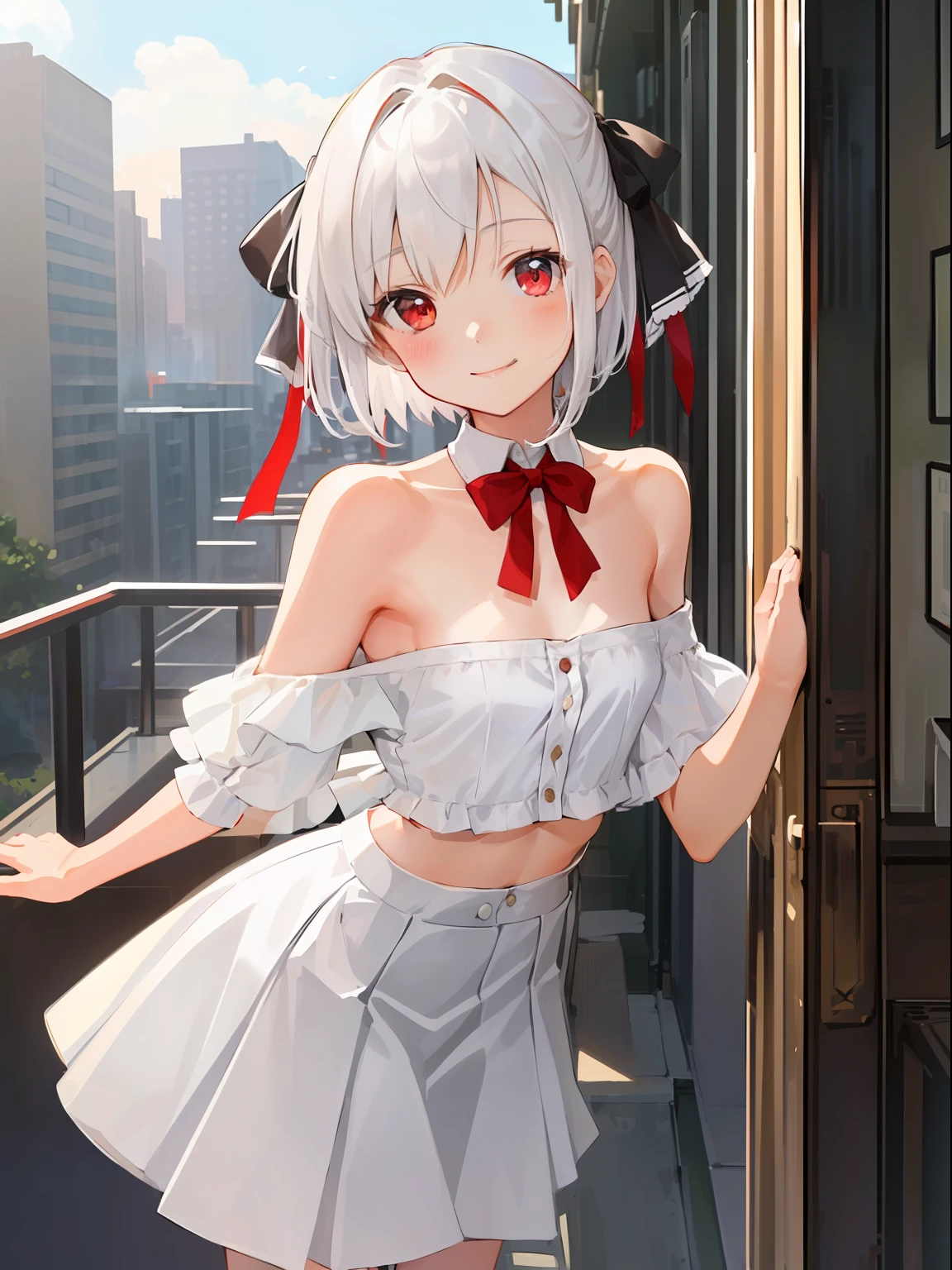masterpiece, best quality,1girl, solo, bangs, left hair ribbon, (small breasts:1.4), red eyes, short hair, smile, solo, white hair, (Strapless:1.1), (off-the-shoulder:1.1), (cowboy shot:1.2),  city, (uniform:1.2), (partially_unbuttoned:1.1), (Externally expanded Chest:1.2), skirt, (bent over:1.2),