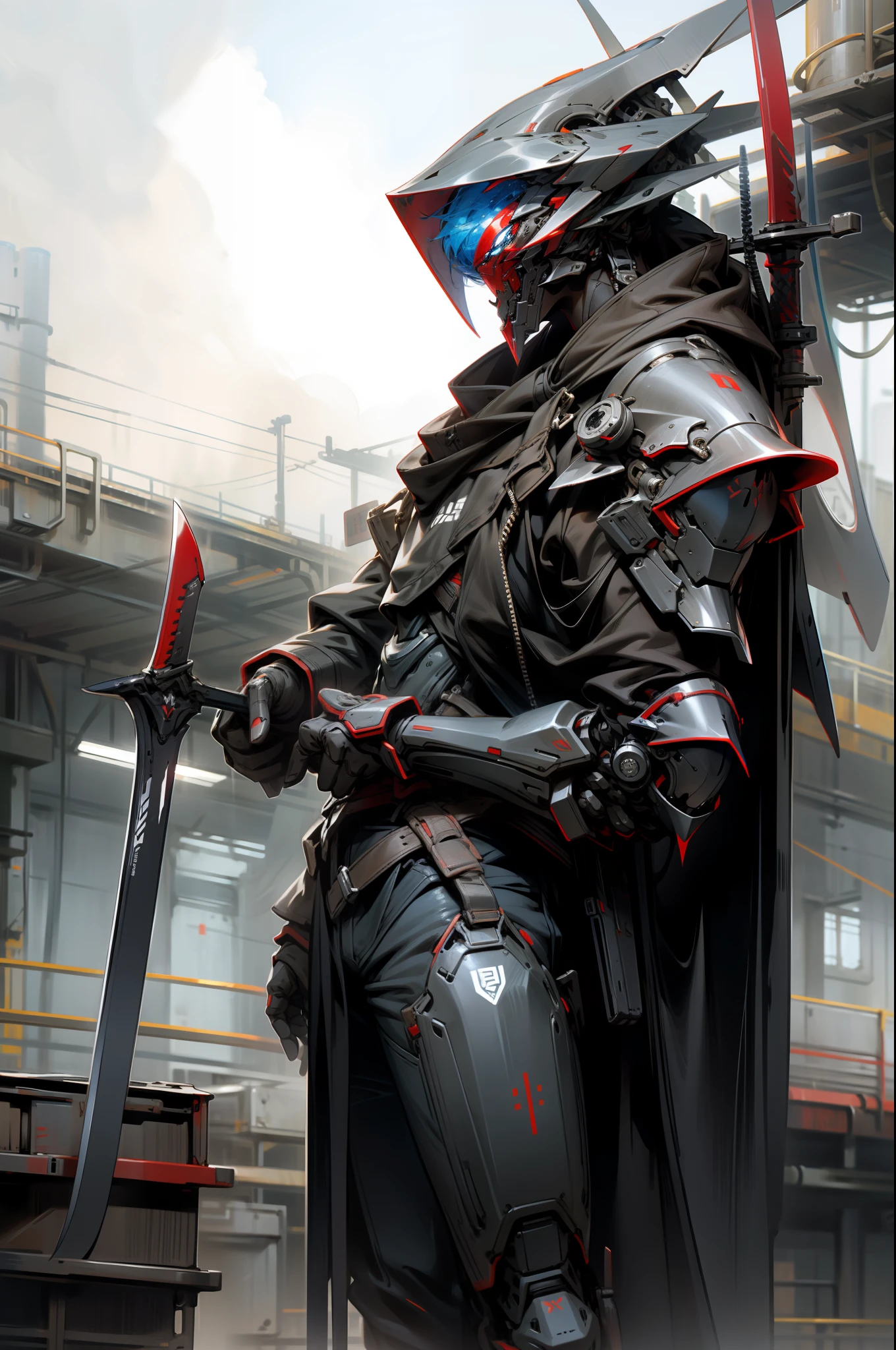 Red, blue, black tone, armor gray, hand holding blade, side face, background sky, industrial style