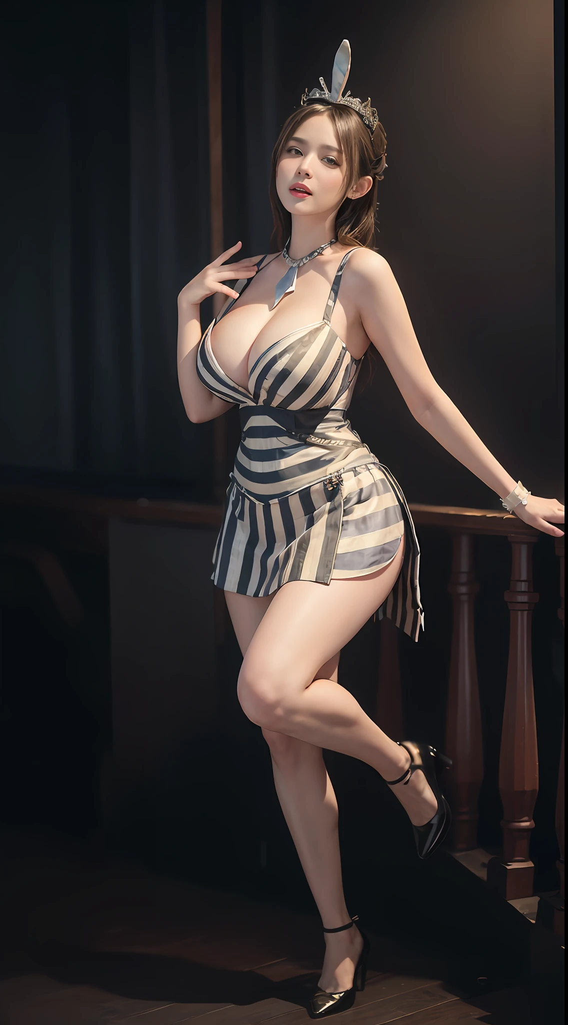 Surrealist women by David Hockney and Alphonse Mucha，Fantasyart，photographrealistic，动态照明，art  stations，poster for，Volumetriclighting，Tall beauty，body high，Very detailed faces，4 k''，1girll，Stage，low tune，facial closeups,(Striped Grace costume，Bunny Girl tiara，Very short skirt。cleavage:1.4), bob hair，Redlip，ssmile，low chest，deep v big breasts，huge tit，Raised sexy，Bigchest，Large breasts，Breast swelling，Raised chest，blackstockings，Breasts are plump，crisp breasts，A plump chest，the breasts are large，Seductive expressions，Wear earrings，wearing a choker，Wear a bracelet，The stands up，standing on your feet，long leges，blackstockings，Wet all over，Moisturizes the whole body，huge tit，Red lips，stocklings，gigantic cleavage breasts，black lence stockings，slenderlegs，Hot dance，ballet dance，full bodyesbian，beautifullegs，Dance，gracefulness，soft，softness，Noble，Curvy beauty，soft，Enlarged breasts