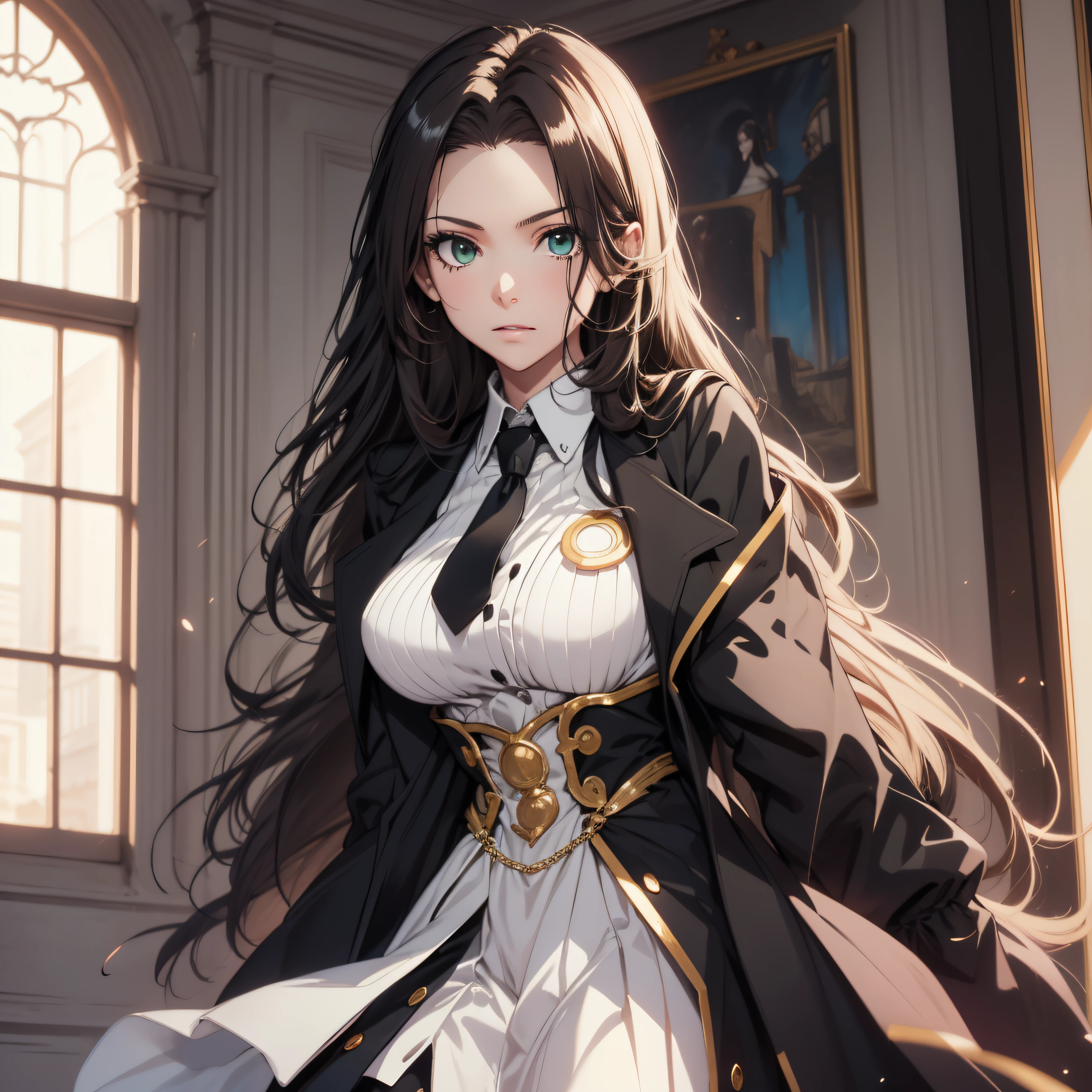 (best quality, masterpiece, ultra-detailed, extremely detailed, highres), (1girl, single, solo), ************ Anime girl, long raven hair, slightly wavy hair, parted bangs, cleavages, Magus, green eyes, long black coat, necktie, white shirt, black skirt, aristocrat, noble attire, beautiful, ethereal, elegant, prestigious, classic, royal building