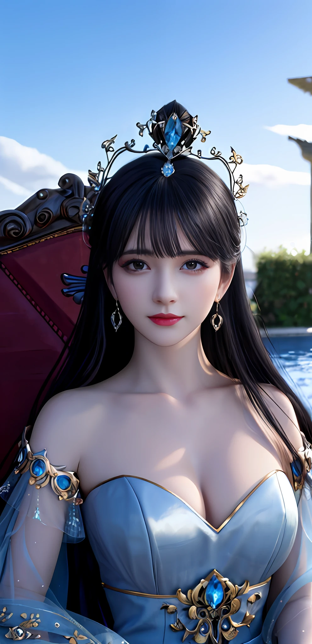 (realisticity: 1.2), best quality, 8K UHD, masterpiece, highres,cg,
1 super detailed girl, super detailed queen
, sitting on a super detailed royal throne, lud, xurious royal palace background, beautiful and detailed, super detailed long hair, wearing a beautiful and luxurious crown with diamonds and super detailed,
super detailed dress,
solo, jewelry, super detailed red and blue dress,
, earrings, super detailed hairdo, splashing, the upper body is very super detailed, super detailed hair bun, super detailed black hair,
lighting,candid,Photograph,high resolution,4k,8k,Bokeh,