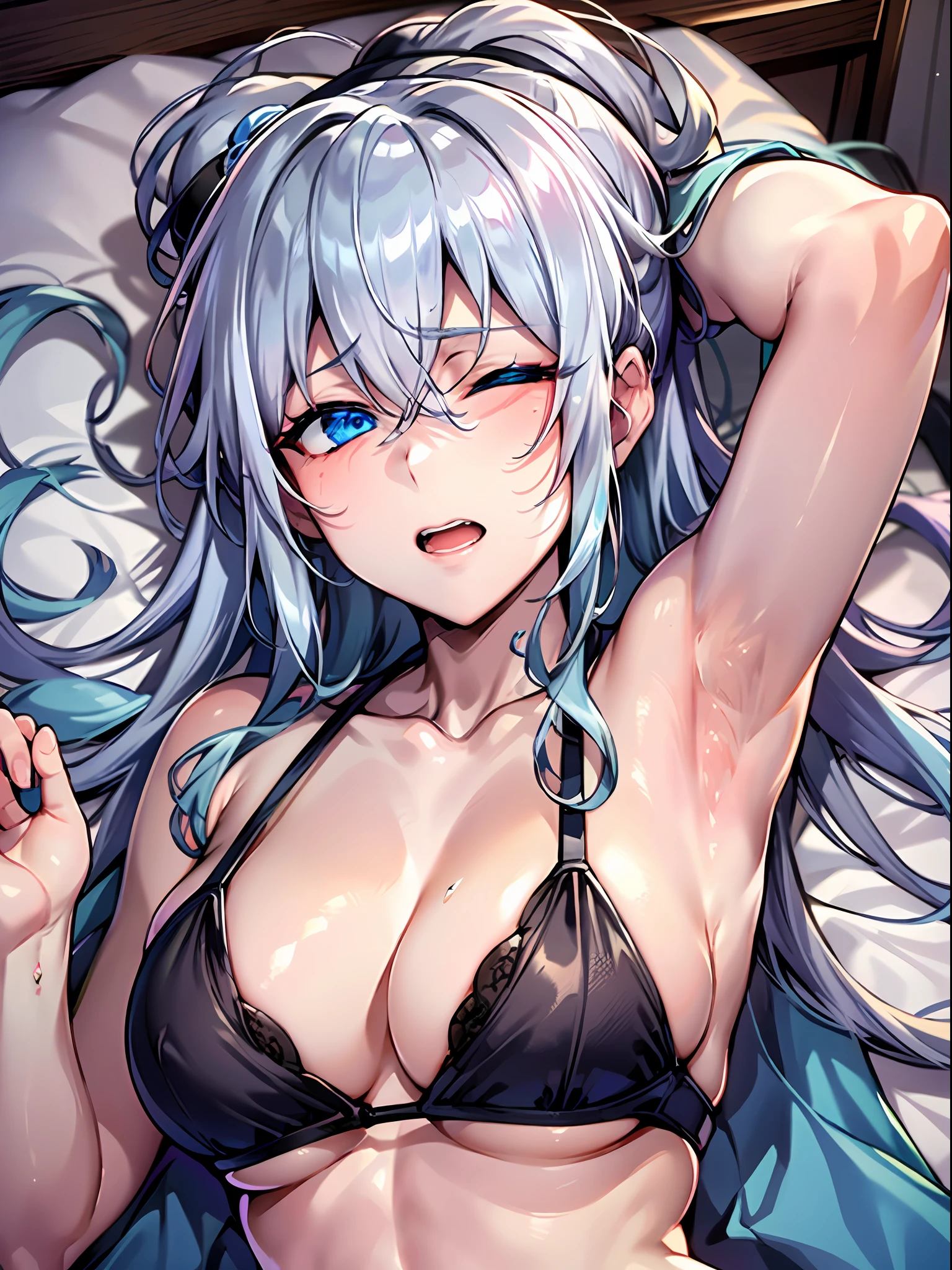 Yukino, Best quality, masterpiece, ultra high res, 1girl yawning sleep in bed, silver hair and blue eyes, black bra, bitch, micro bikini, in bad, white T-shirt