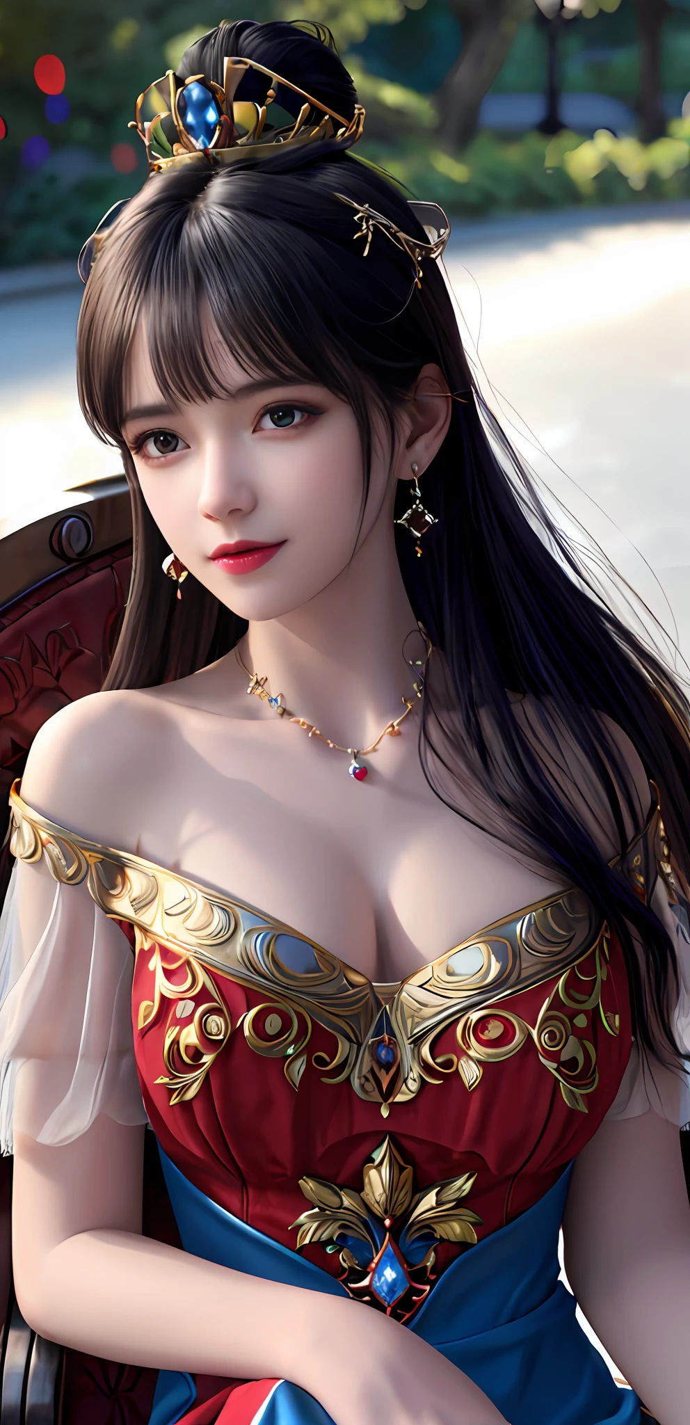 (realisticity: 1.2), best quality, 8K UHD, masterpiece, highres,cg,
1 super detailed girl, super detailed queen
, sitting on a super detailed royal throne, lud, xurious royal palace background, beautiful and detailed, super detailed long hair, wearing a beautiful and luxurious crown with diamonds and super detailed,
super detailed dress,
solo, jewelry, super detailed red and blue dress,
, earrings, super detailed hairdo, splashing, the upper body is very super detailed, super detailed hair bun, super detailed black hair,
lighting,candid,Photograph,high resolution,4k,8k,Bokeh,