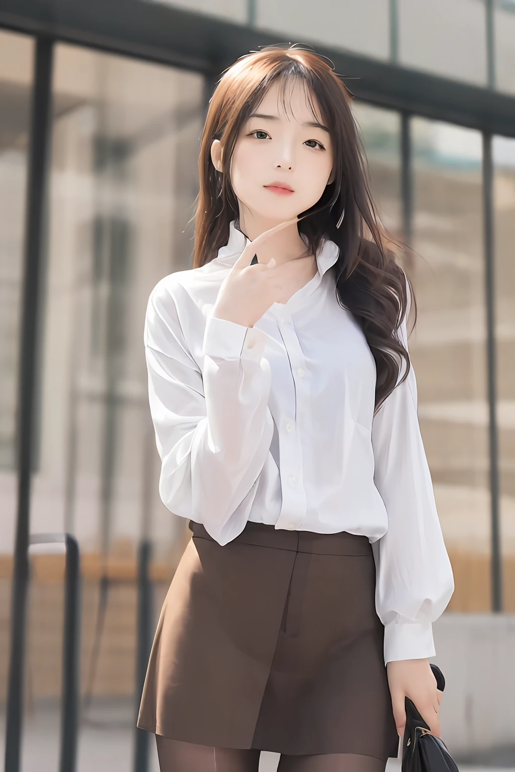 1girl, (8k, RAW photo, best quality, masterpiece:1.2), (realistic, photo-realistic:1.37), solo,ultra-detailed,pantyhose, long shot,  beautiful background,,shirt,skirt, .