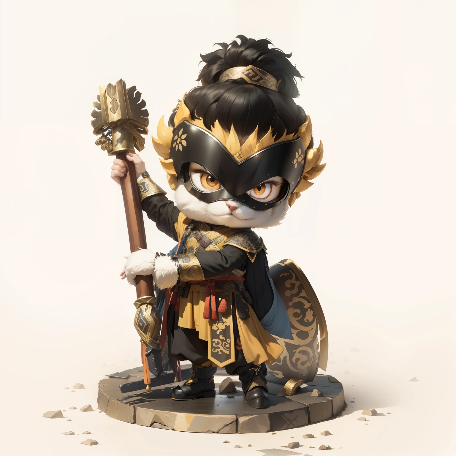 male people,Male characters,tchibi,Bad,Armed mace,Mace weapons,Ancient Chinese weapons,The handle has a delicate pattern,Shoulder blades,metal breastplate,chainmail,Animal pattern cuirass,chest plate,Bracers,Flowing hem,China-style,Chinese-style clothing,Chinese shoes,There are beautiful patterns on the weapon grips,ultra-realistic realism,anaglyph,stereograms,Fine painting,Refinement,infinite details,high definition detail,Patterned,Pattern,Blank background,Bright colors,Metal edging
