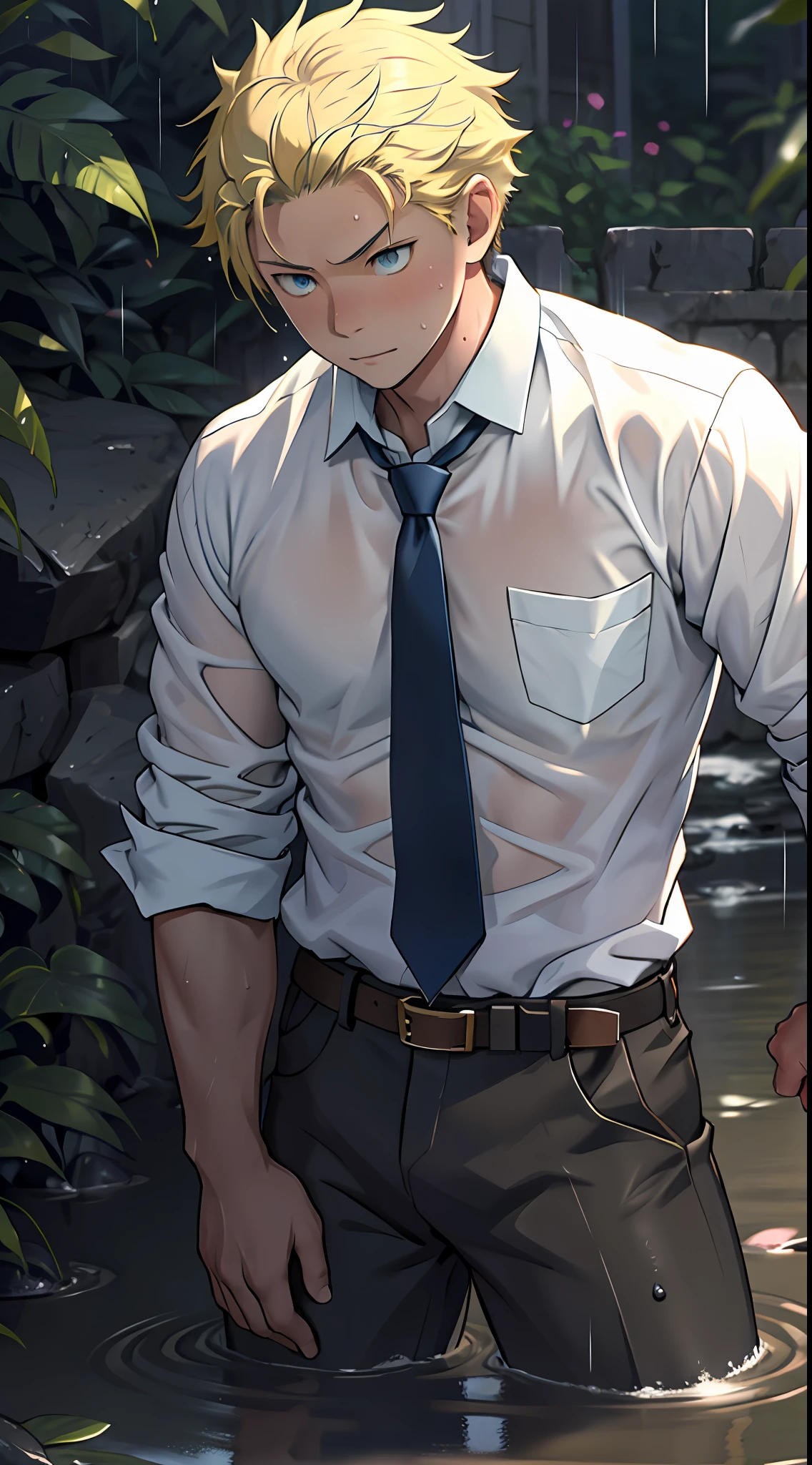 （1 Adult male），A high resolution， Sharp focus， Pixiv masterpiece， （（Complicated details））， highly  detailed， natsuki_subaru， 1 man，Lying in the mud， Lazy，full bodyesbian， blue color eyes（eyes glowing）， Short yellow hair，white  shirt，Wear a tie，Wear a belt，perspire，rain，Drenched，Sweaty crotch，look from down