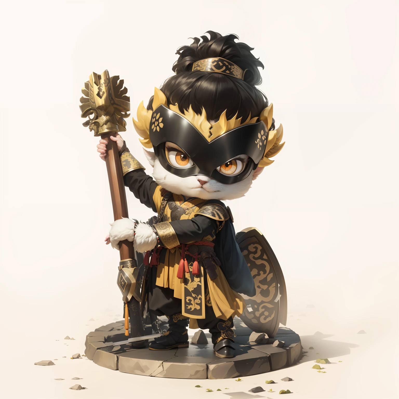 male people，Male characters，tchibi，Bad，Armed mace，Mace weapons，Ancient Chinese weapons，The handle has a delicate pattern，Shoulder blades，metal breastplate，chainmail，Animal pattern cuirass，chest plate，Bracers，Flowing hem，China-style，Chinese-style clothing，Chinese shoes，There are beautiful patterns on the weapon grips，ultra-realistic realism，anaglyph，stereograms，Fine painting，Refinement，infinite details，high definition detail，Patterned，Pattern，Blank background，Bright colors，Metal edging