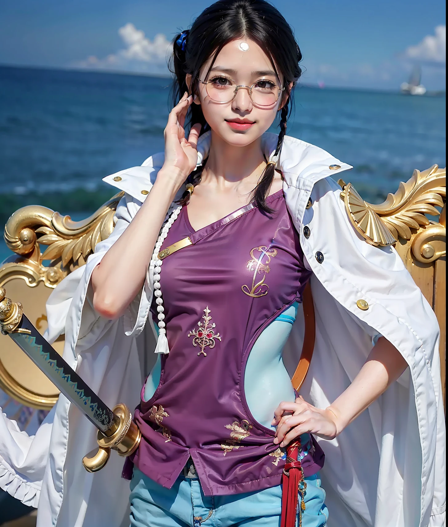 tashigi \(one piece\),
1 very beatiful cute girl, smile,beatiful eye,have a eye glasses and a sword, black eyes, short hair and twintail, black hair, blue pants,background in ship,sky.very realistic detail art
, ((masterpiece))