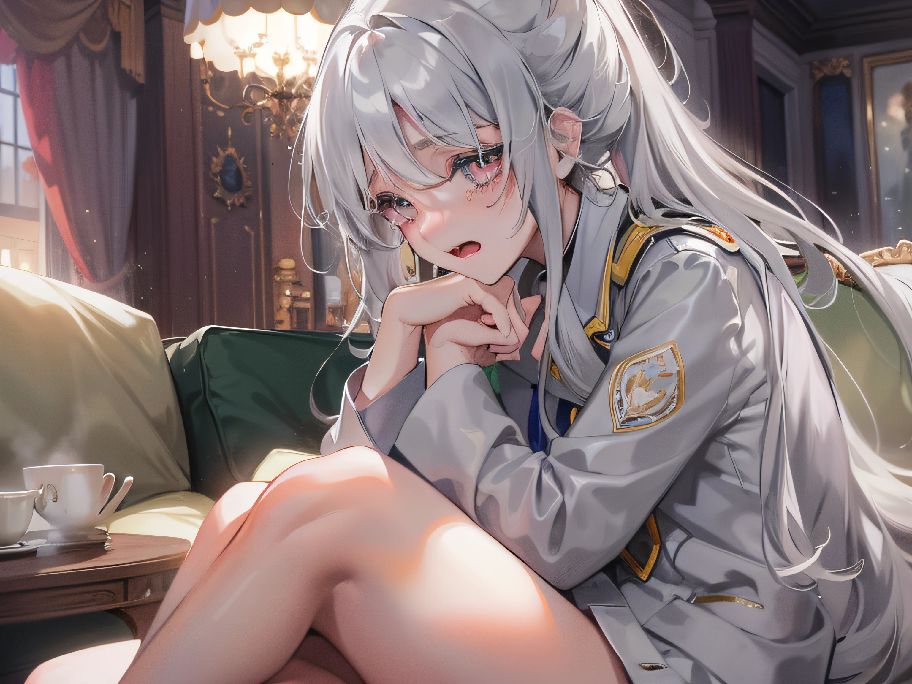 An 18-year-old girl with long silver hair and a school uniform,Crying softly,Curled up on the couch,Inside the living room,grand master,tmasterpiece,4k,Ultra-high image quality。