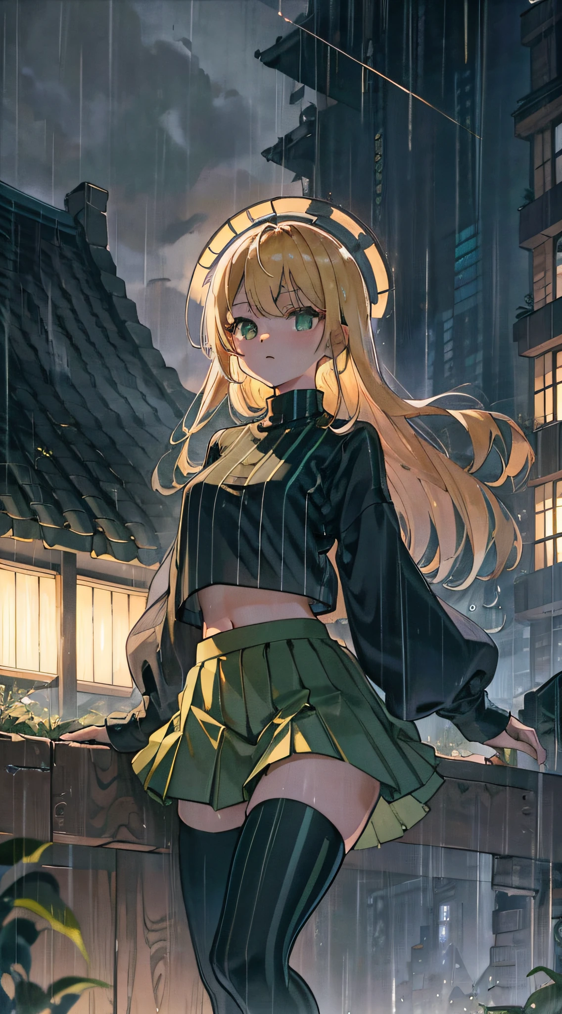 1girll, Blonde hair, Crop top, Short green skirt, roof, striped thighhighs，the night，rained --auto