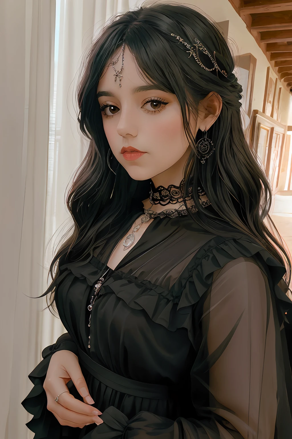 Mujer muy joven, mujer bailando, imagen con muchas sombras, Gothic Room, gothic ambient, rostro d serio, vestido negro, vestido viejo, Foto RAW, a portrait photo of 55 y.o hombre, Ropa de viajero, de pie en el bosque, piel natural, 8k UHD, alta calidad, Film grain, Fujifilm XT3