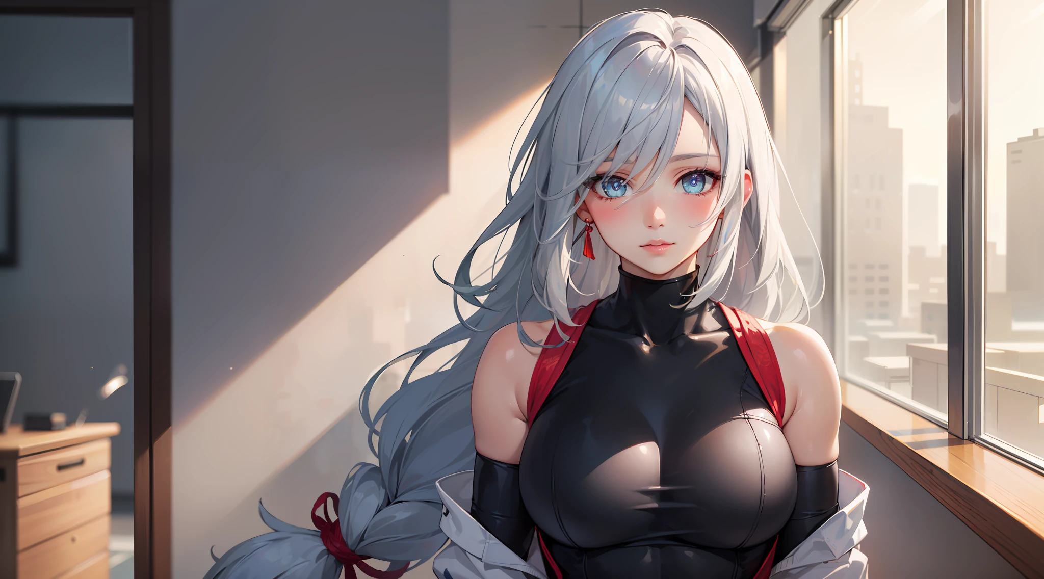 office girl, office clothes, upper body, seductive look, blush, indoors, in office, looking at viewer, cloudy, moody lighting, (perfect detail eyes:1.2), glowing eyes, (long hair one braid:1.2), elemental skill effect, (Masterpiece, Best Quality, High Quality:1.4), professional artwork, Intricate Details, field of view, sharp focus, detailed painting, photorealistic lighting, trending on pixiv, (vivid lighting, vibrant colors:1.05), realistic shadows, ambient occlusion, (athletic body:1.3), mature woman, 30yo, shenhe, hyperdetail eyes, beautiful eyes