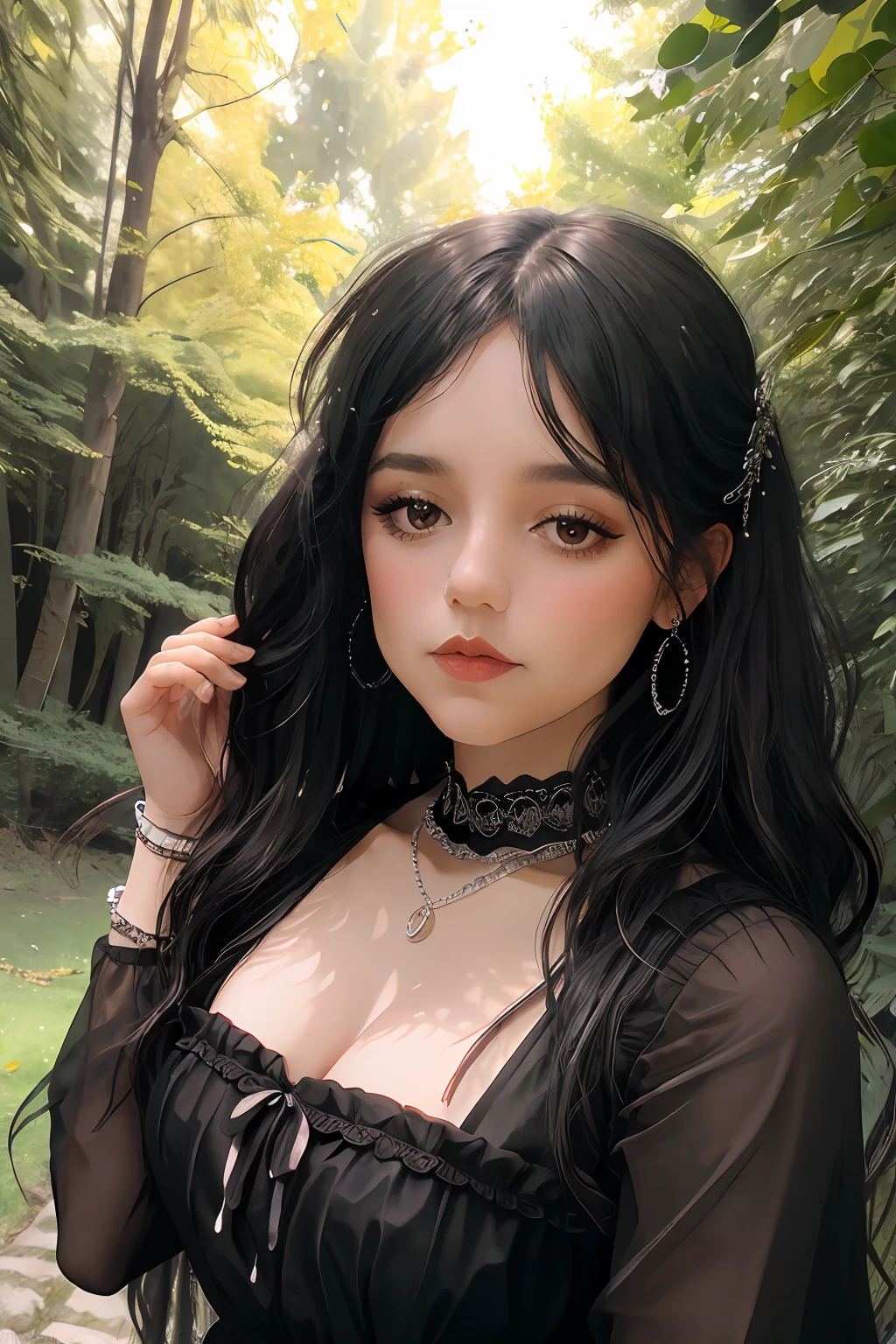 Mujer muy joven, mujer bailando, imagen con muchas sombras, Gothic Room, gothic ambient, rostro d serio, vestido negro, vestido viejo, Foto RAW, a portrait photo of 55 y.o hombre, Ropa de viajero, de pie en el bosque, piel natural, 8k UHD, alta calidad, Film grain, Fujifilm XT3