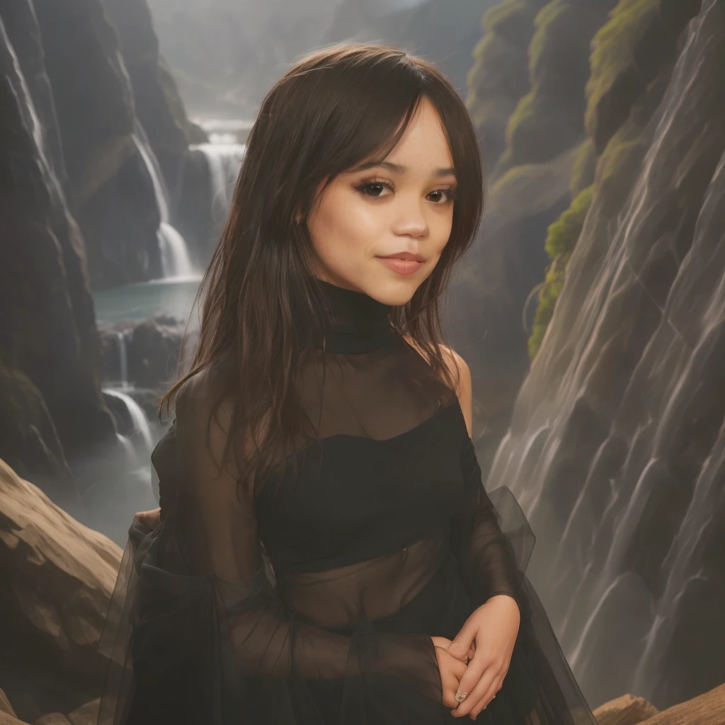 Foto RAW, una foto de retrato de la mujer JennaOrtega sonriendo con vestido negro de encaje, noche, fondo una cascada, (piel de alto detalle: 1.2), 8k uhd, DSLR, soft illuminaotion, alta calidad, movie grain, Fujifilm XT3