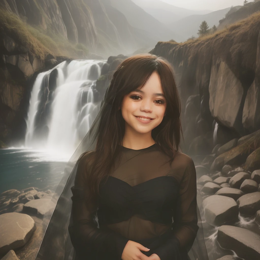 Foto RAW, una foto de retrato de la mujer JennaOrtega sonriendo con vestido negro de encaje, noche, fondo una cascada, (piel de alto detalle: 1.2), 8k uhd, DSLR, soft illuminaotion, alta calidad, movie grain, Fujifilm XT3