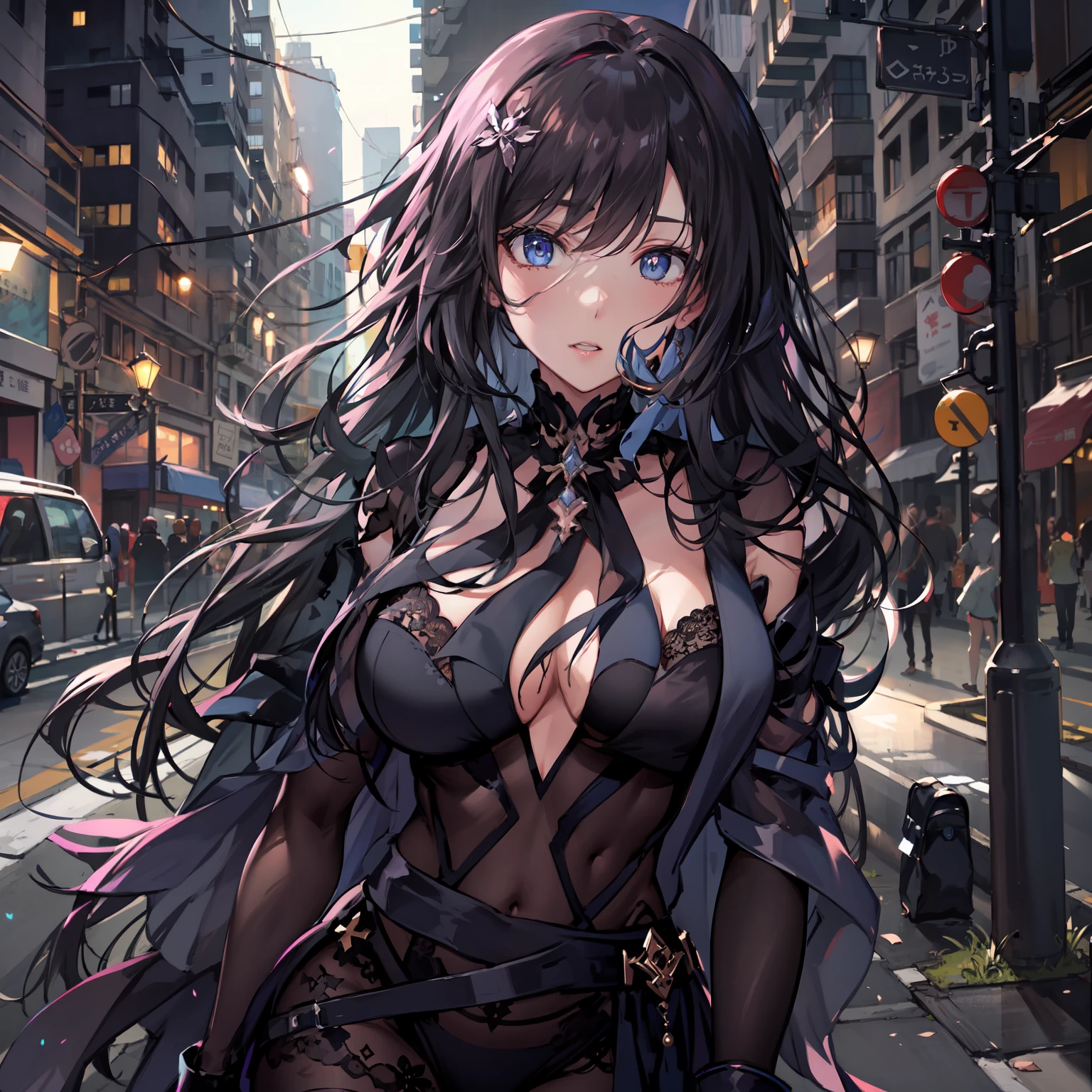 ((tmasterpiece))，Best quality，1girll，closeup cleavage，独奏，Look at the audience，deep in the night，Desolate streets，Background with，Solitude，Sateen，the street lights，（effeminate），（Superb body），（Thin waist Long legs），（Bigboobs），（seductiv），submissive，
