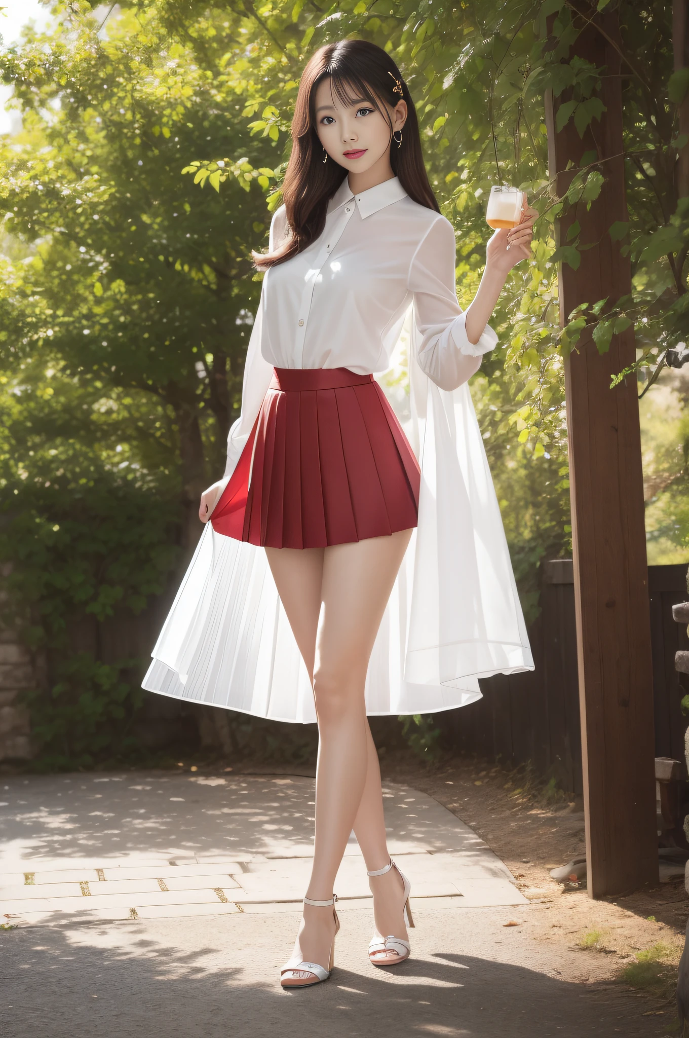 Charming beauties、OL、White blouse、Black pleated skirt、charming oval face、二重まぶた、Clear eyes、Red shiny lips、Beautiful thin legs、toned ankles、The ultra -The high-definition、The ultra-detailliert、Elegant standing figure、Comfortable elastic fabric、Create a slender lower body curve、Expressing adult femininity、top-quality、8K、ultra-detailliert、soio、9 head body