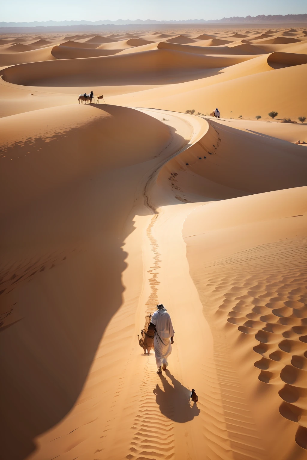 arab man walking in the desert with his camel, far away shot , big desert