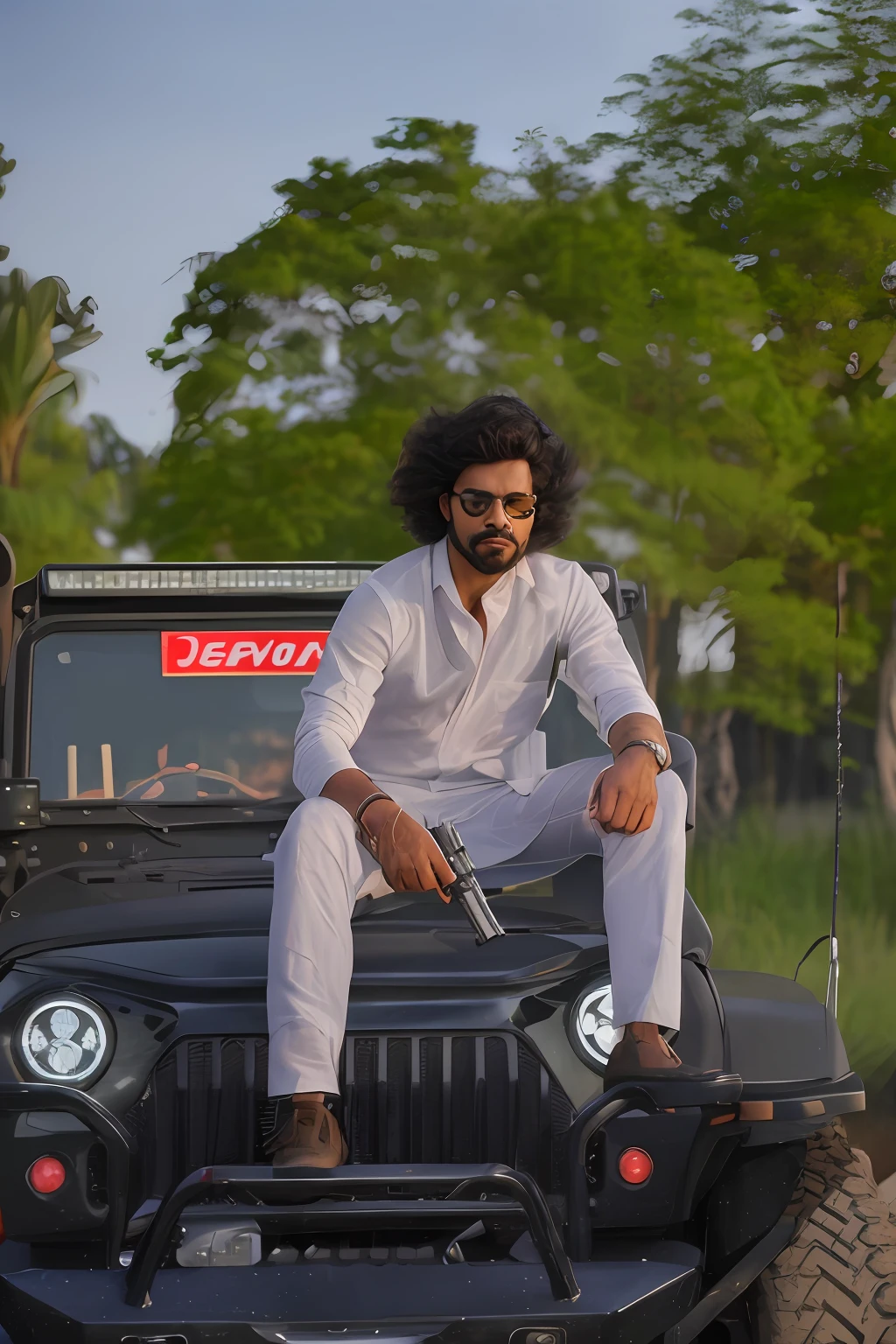 there is a man sitting on the hood of a jeep, jayison devadas style, jayison devadas, movie stills photography, cinematic shoot, shot on canon eos r5, shot on canon eos r 5, dynamic movie still, stylish pose, mid shot portrait, vijay jayant props, with rifle, shot on sony a 7 iii, portrait shot, with pistol