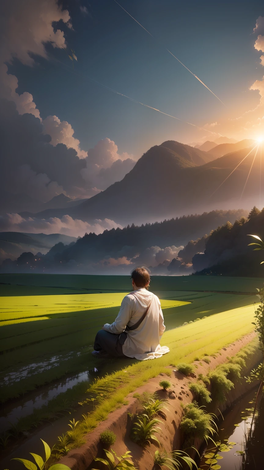 Poster design, Mangseed, a man seething in meditation mud , big clouds, blue sky, rice field, neat rice seedlings in the field, forest, hillside, secluded, countryside, HD detail, hyperdetail, cinematic, surrealism, soft light, deep field focus bokeh, ray tracing and surrealism. --v6