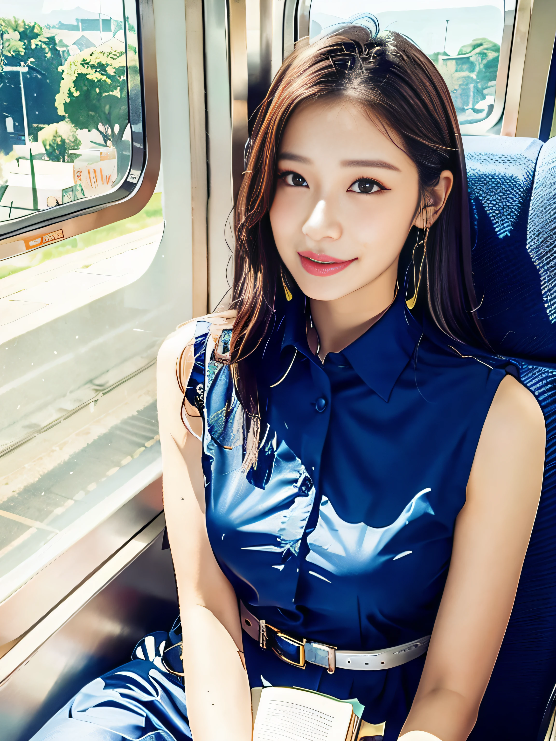 I'm smiling、White Dress、Woman sitting on train seat with book on lap