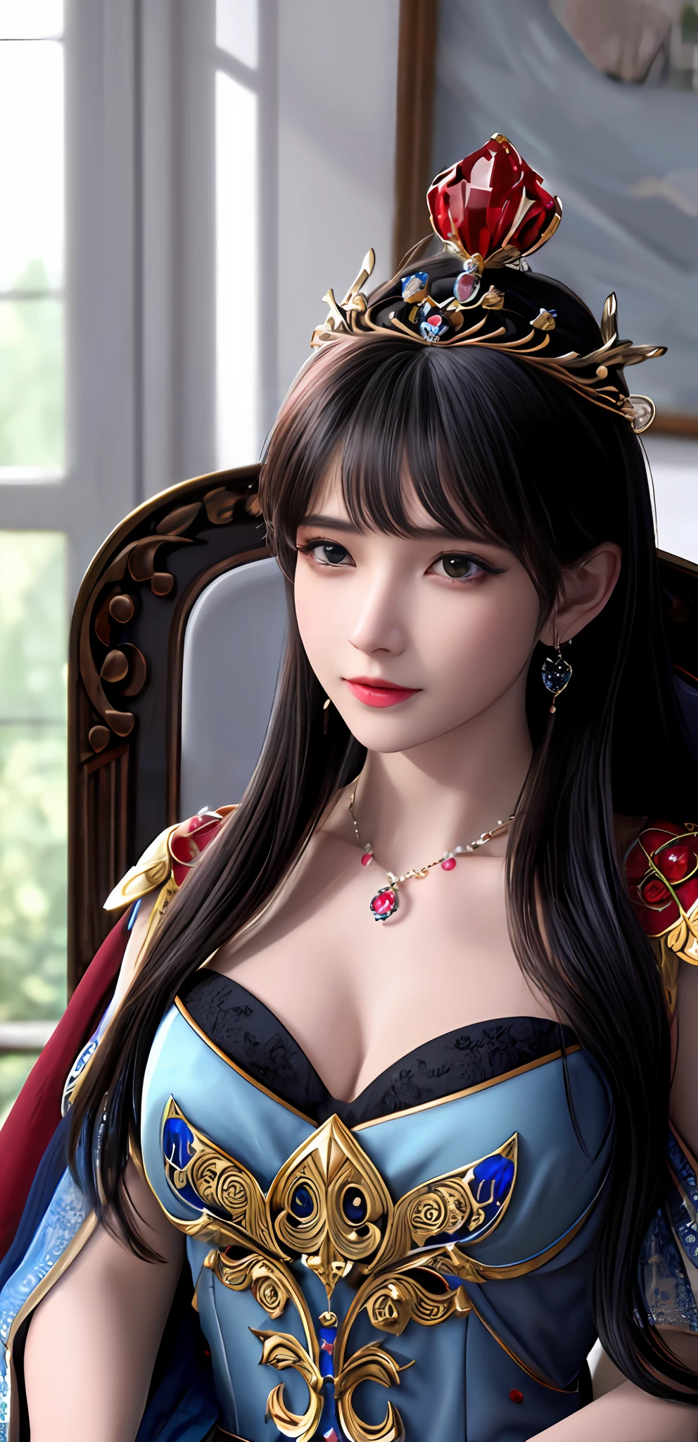 (realisticity: 1.2), best quality, 8K UHD, masterpiece, highres,cg,
1 super detailed girl, super detailed queen
, sitting on a super detailed royal throne, lud, xurious royal palace background, beautiful and detailed, super detailed long hair, wearing a beautiful and luxurious crown with diamonds and super detailed,
super detailed dress,
solo, jewelry, super detailed red and blue dress,
, earrings, super detailed hairdo, splashing, the upper body is very super detailed, super detailed hair bun, super detailed black hair,
lighting,candid,Photograph,high resolution,4k,8k,Bokeh,